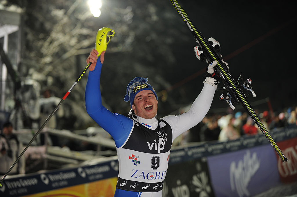 ZAGREB, CROATIA - JANUARY 6:  (FRANCE OUT) Giuliano Razzoli of Italy takes first place during the Audi FIS Alpine Ski World Cup Men's Slalom on January 6, 2010 in Zagreb, Croatia.  (Photo by Francis Bompard/Agence Zoom/Getty Images)