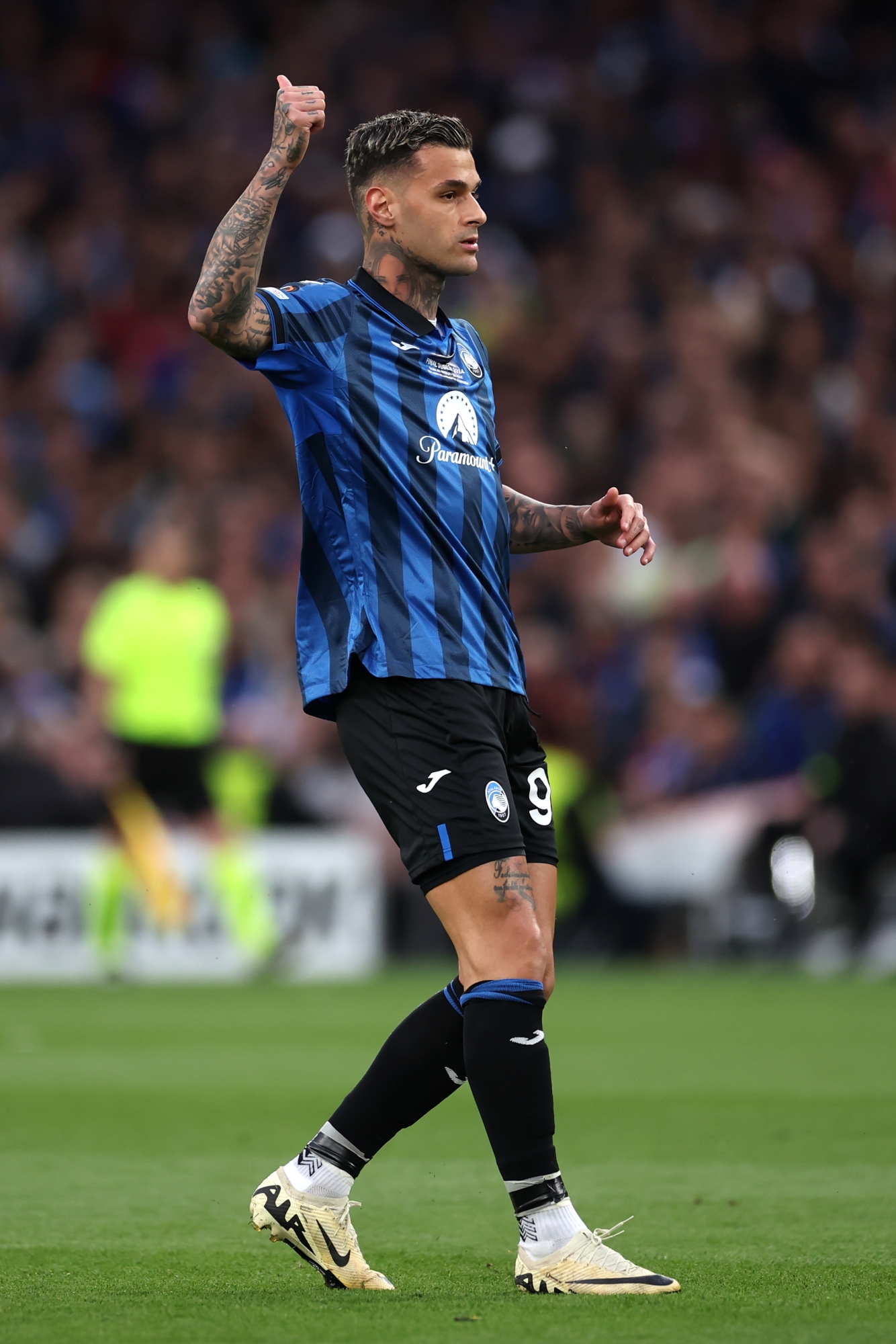 DUBLIN, IRELAND - MAY 22: Gianluca Scamacca of Atalanta BC reacts during the UEFA Europa League 2023/24 final match between Atalanta BC and Bayer 04 Leverkusen at Dublin Arena on May 22, 2024 in Dublin, Ireland. (Photo by Alex Grimm/Getty Images)