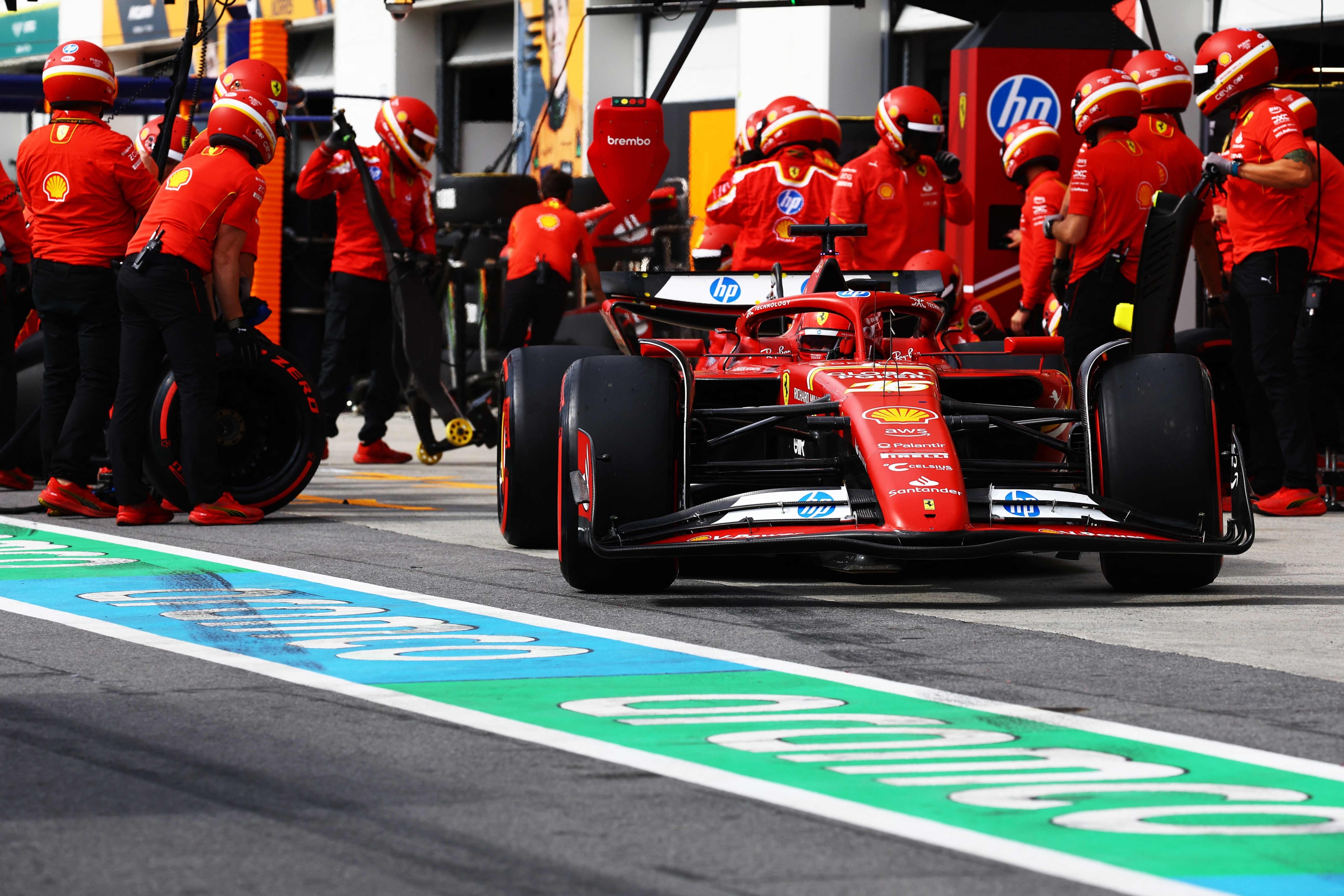 MONTREAL, QUEBEC - JUNE 08: Charles Leclerc of Monaco driving the (16) Ferrari SF-24 makes a pitstop during qualifying ahead of the F1 Grand Prix of Canada at Circuit Gilles Villeneuve on June 08, 2024 in Montreal, Quebec.   Mark Thompson/Getty Images/AFP (Photo by Mark Thompson / GETTY IMAGES NORTH AMERICA / Getty Images via AFP)