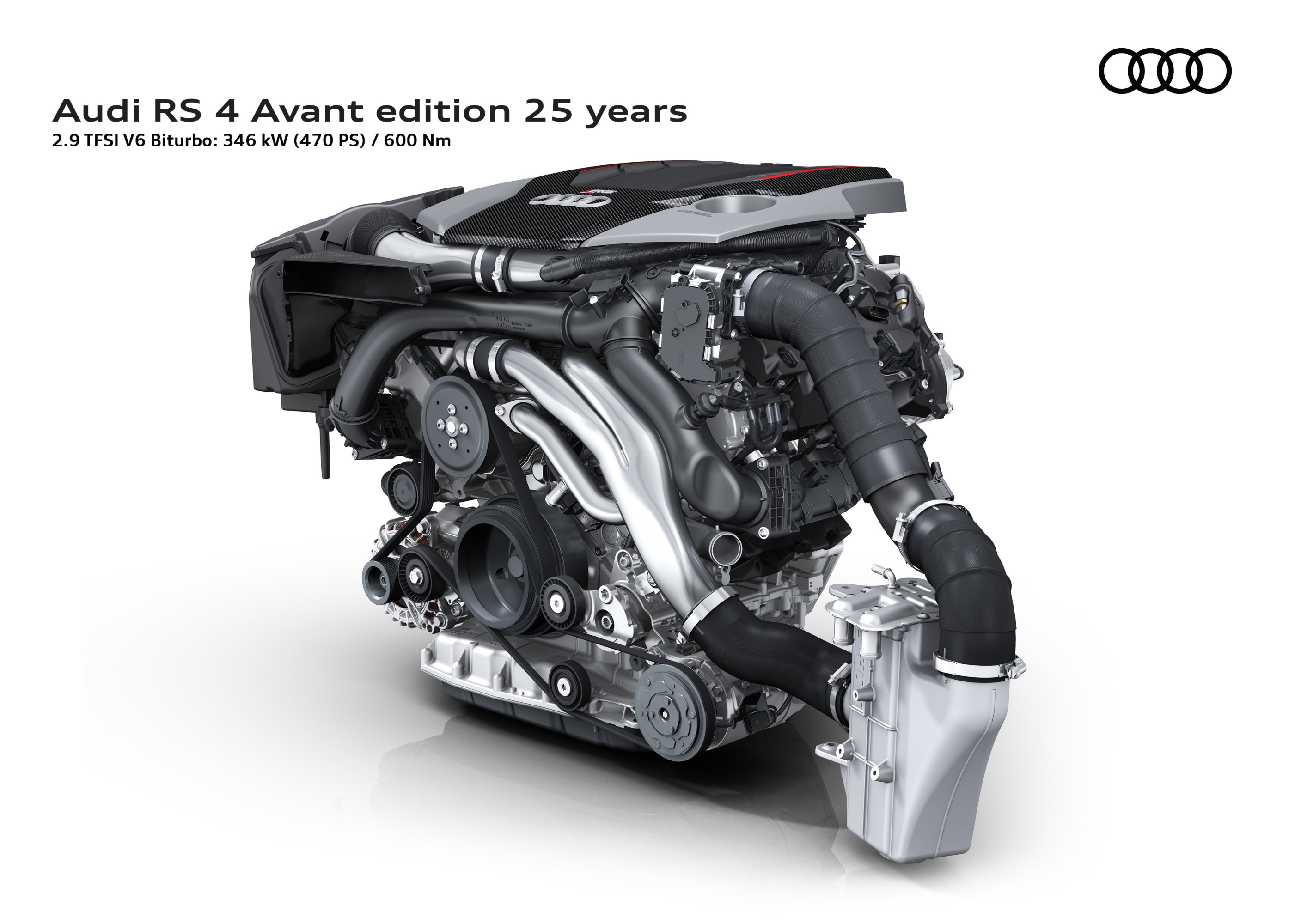 The V6 biturbo in the new RS 4 Avant edition 25 years has an output of 346 kW (470 PS) and a maximum torque of 600 Nm.