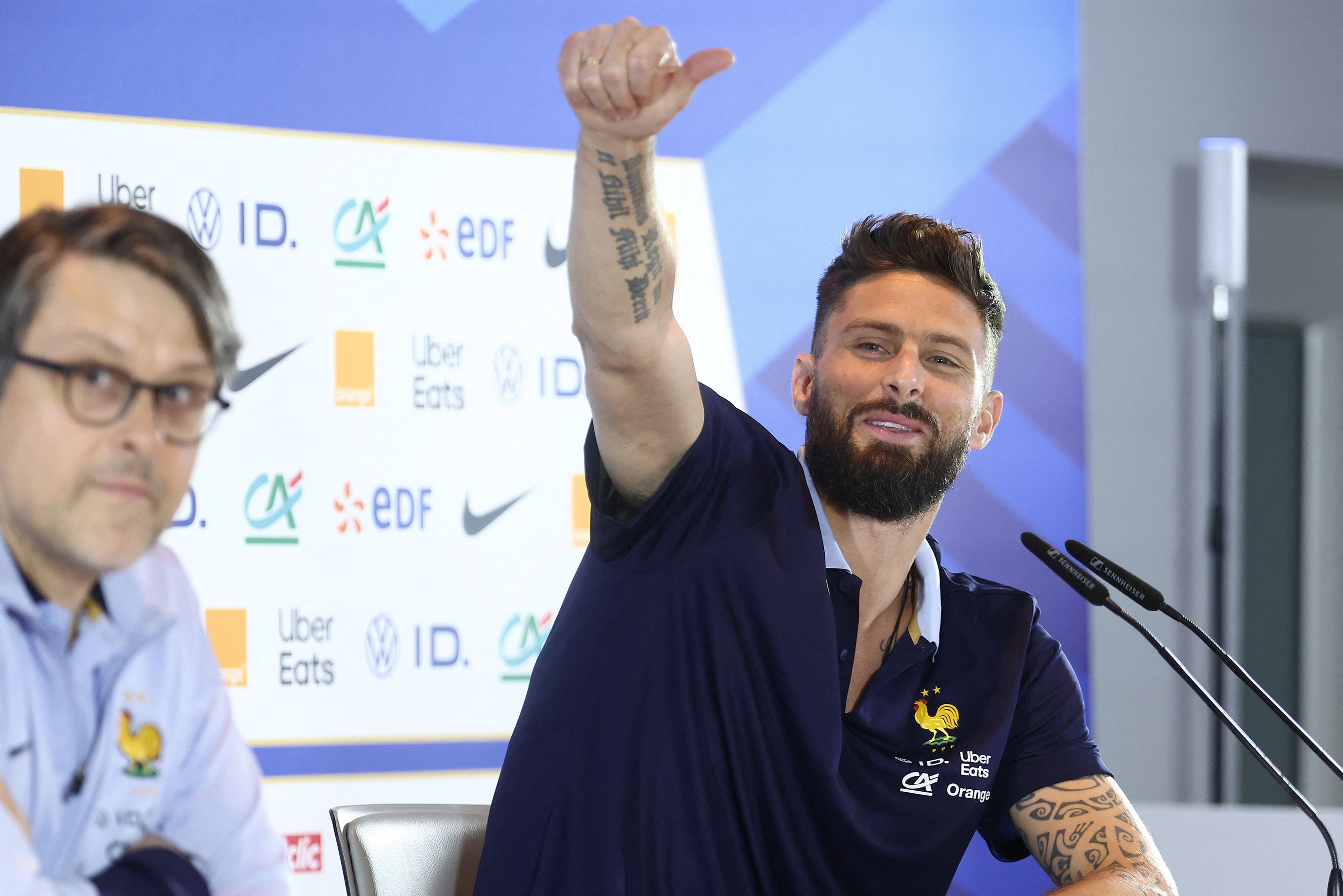 France's forward #09 Olivier Giroud reacts during a press conference at the Home Deluxe Arena Stadium in Paderborn, western Germany, on June 14, 2024, ahead of the UEFA Euro 2024 football Championship. (Photo by FRANCK FIFE / AFP)