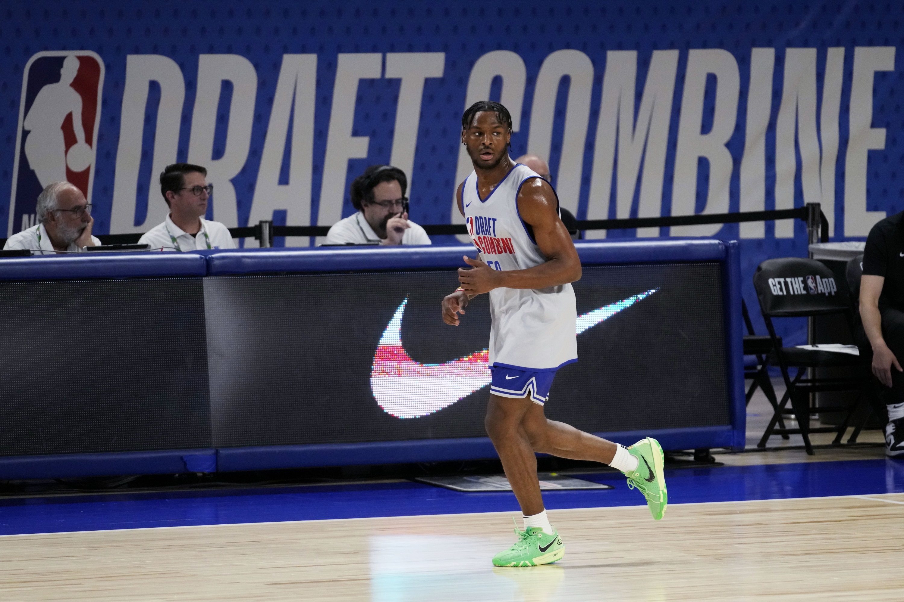 Bronny James participates in the 2024 NBA basketball Draft Combine in Chicago, Tuesday, May 14, 2024. (AP Photo/Nam Y. Huh)