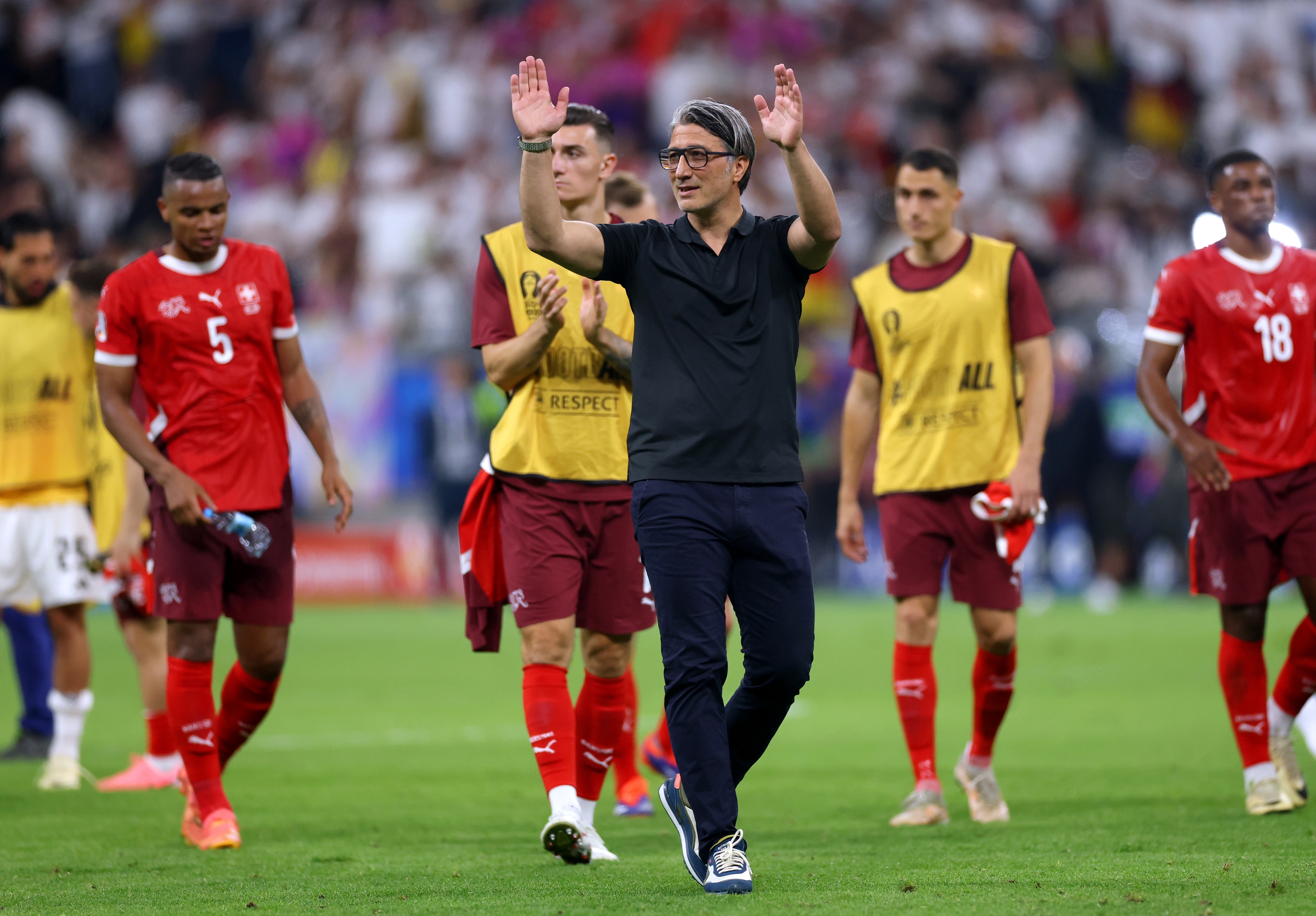 FRANKFURT AM MAIN, GERMANY - JUNE 23: Murat Yakin, Head Coach of Switzerland, acknowledges the fans after the UEFA EURO 2024 group stage match between Switzerland and Germany at Frankfurt Arena on June 23, 2024 in Frankfurt am Main, Germany. (Photo by Lars Baron/Getty Images)