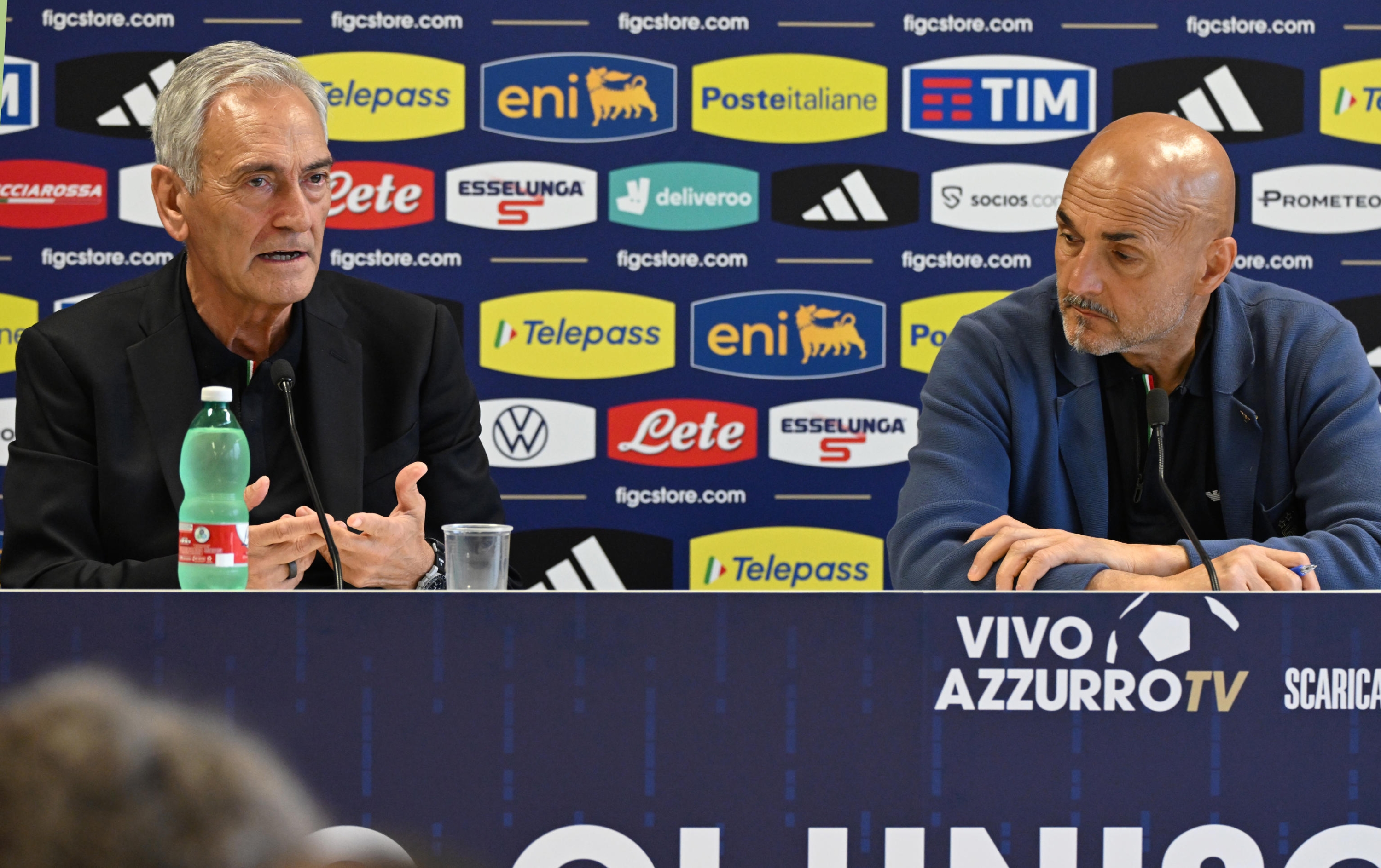 Italian Soccer Federation (FIGC) President Gabriele Gravina (L) and Italys head coach Luciano Spalletti attend a press conference of the national team in Iserlohn, Germany, 30 June 2024. ANSA/DANIEL DAL ZENNARO