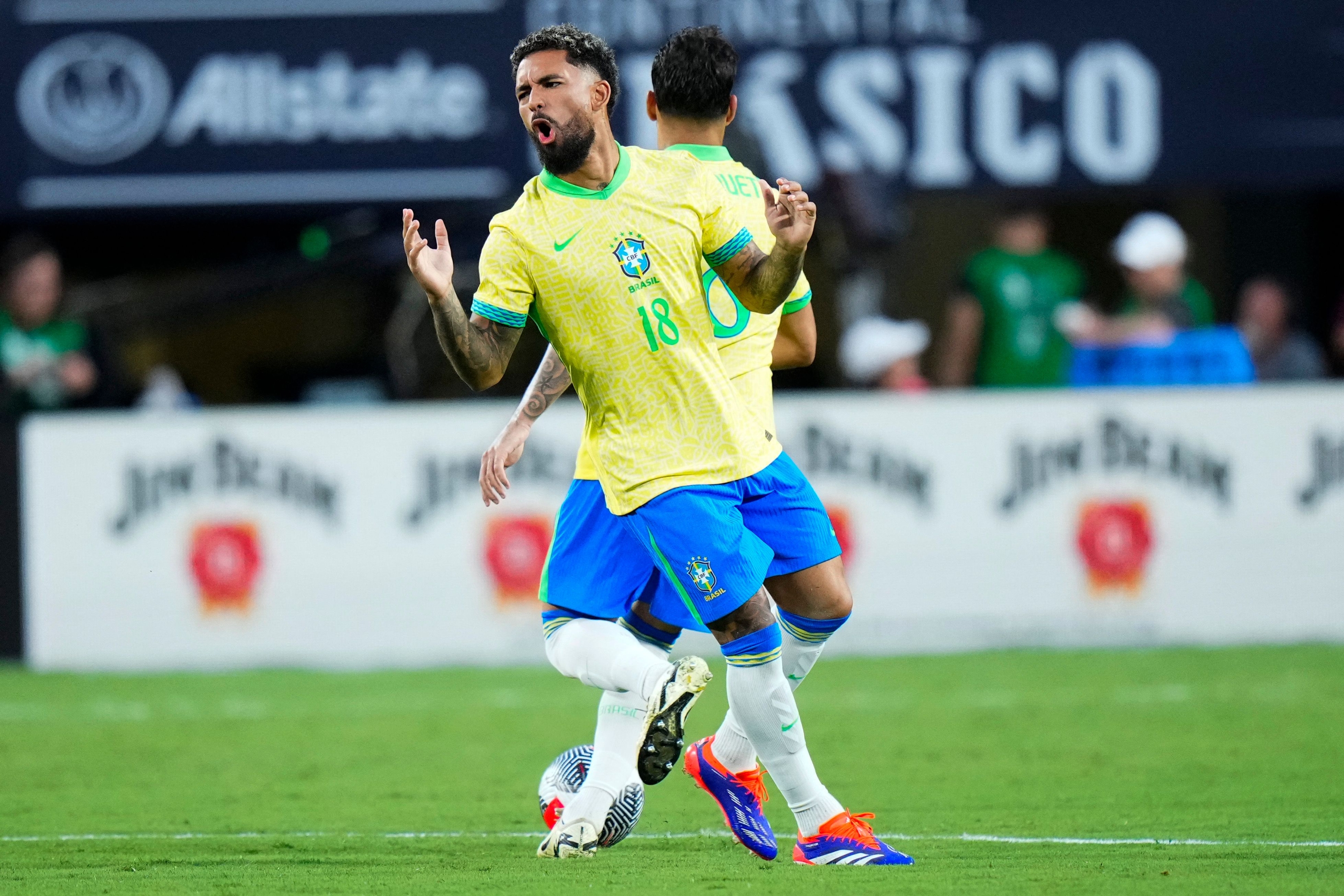 ORLANDO, FLORIDA - JUNE 12: Douglas Luiz #18 of Brazil reacts against the United States during the Continental Clasico 2024 game at Camping World Stadium on June 12, 2024 in Orlando, Florida.   Rich Storry/Getty Images/AFP (Photo by Rich Storry / GETTY IMAGES NORTH AMERICA / Getty Images via AFP)