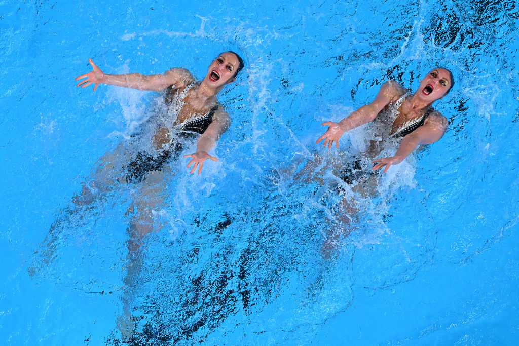 DOHA, QATAR - FEBRUARY 08: Linda Cerruti and Lucrezia Ruggiero of Team Italy compete in the Women's Duet Free Final on day seven of the Doha 2024 World Aquatics Championships at Aspire Dome on February 08, 2024 in Doha, Qatar. (Photo by Quinn Rooney/Getty Images)