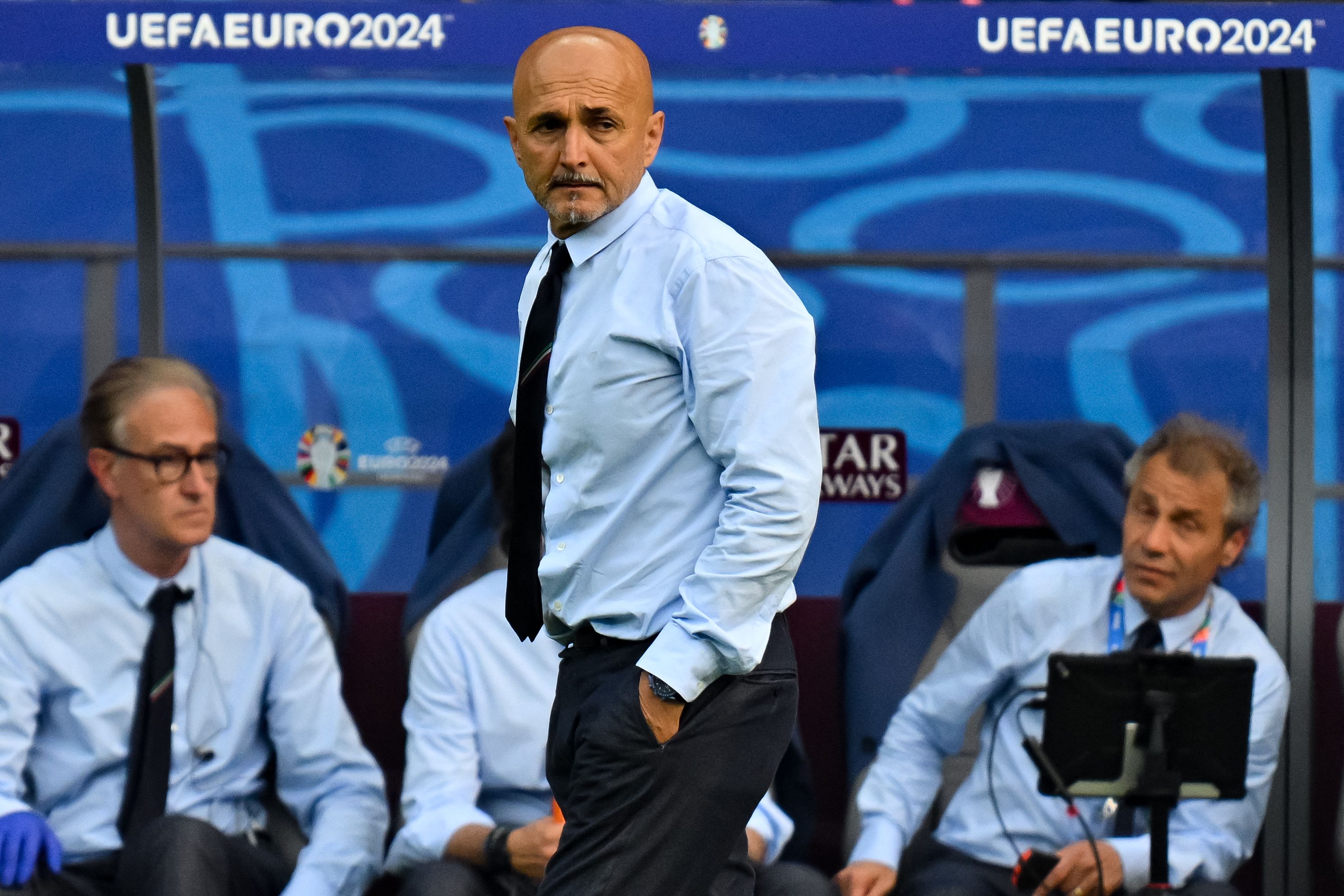 Italy's head coach Luciano Spalletti looks on during the UEFA Euro 2024 round of 16 football match between Switzerland and Italy at the Olympiastadion Berlin in Berlin on June 29, 2024. (Photo by Fabrice COFFRINI / AFP)