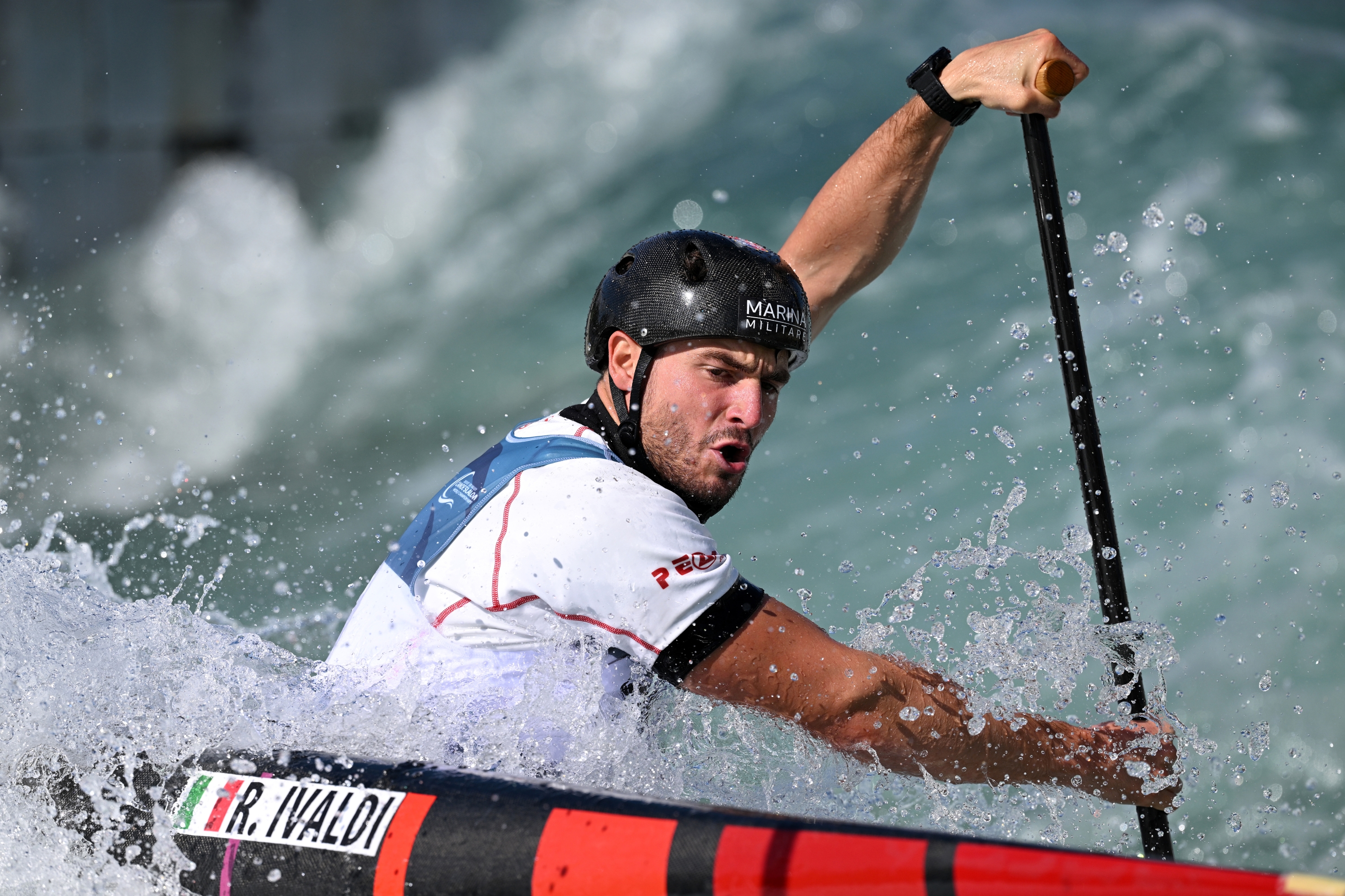 LONDON, ENGLAND - SEPTEMBER 22: Raffaello Ivaldi of Italy competes in the Men's Canoe Semi-Final at the 2023 ICF Canoe Slalom World Championships at Lee Valley White Water Centre on September 22, 2023 in London, England. (Photo by Justin Setterfield/Getty Images)
