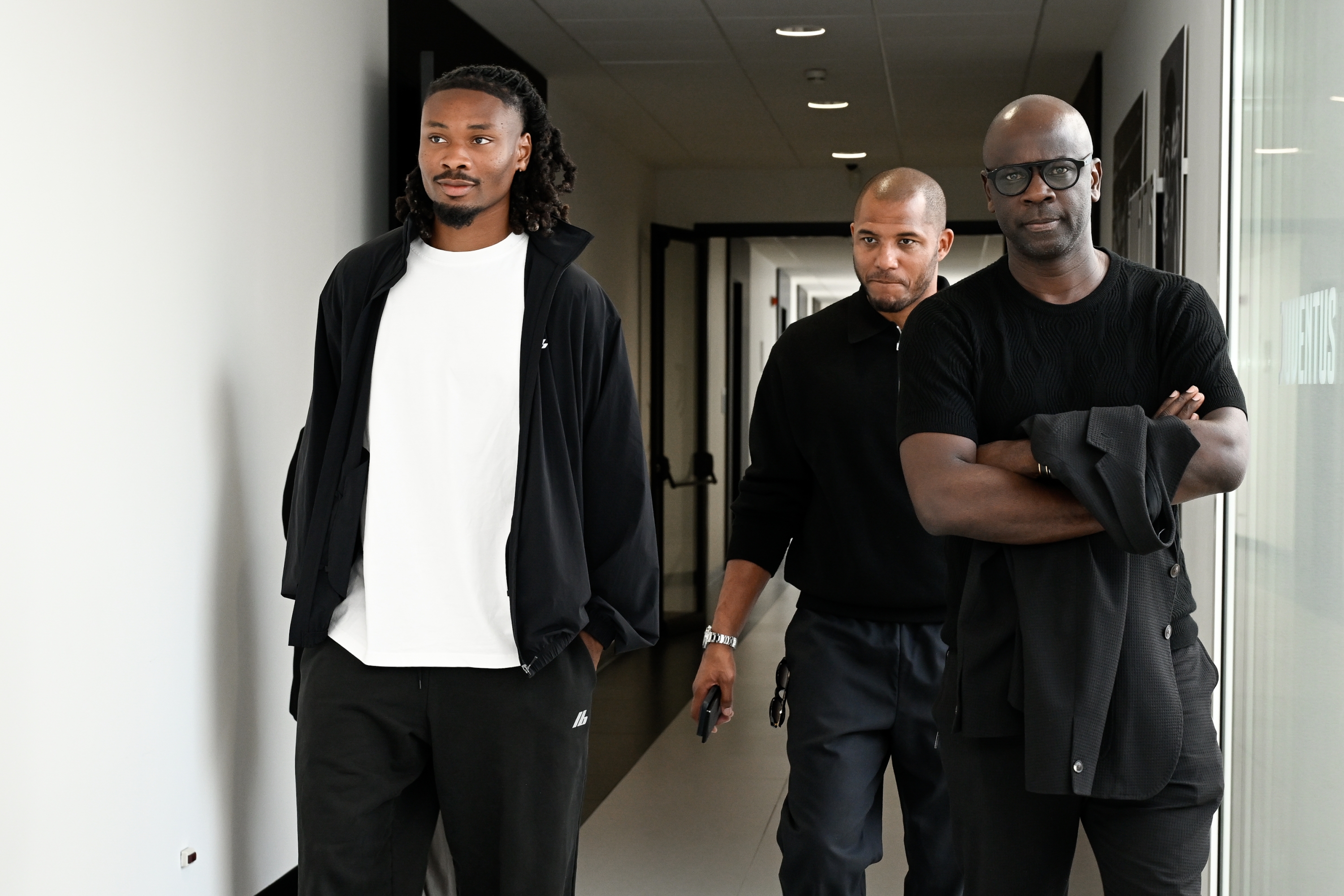 TURIN, ITALY - JULY 9: Khephren Thuram arrival at Juventus training center Continassa with his father Lilian Thuram on July 9, 2024 in Turin, Italy. (Photo by Daniele Badolato - Juventus FC/Juventus FC via Getty Images)