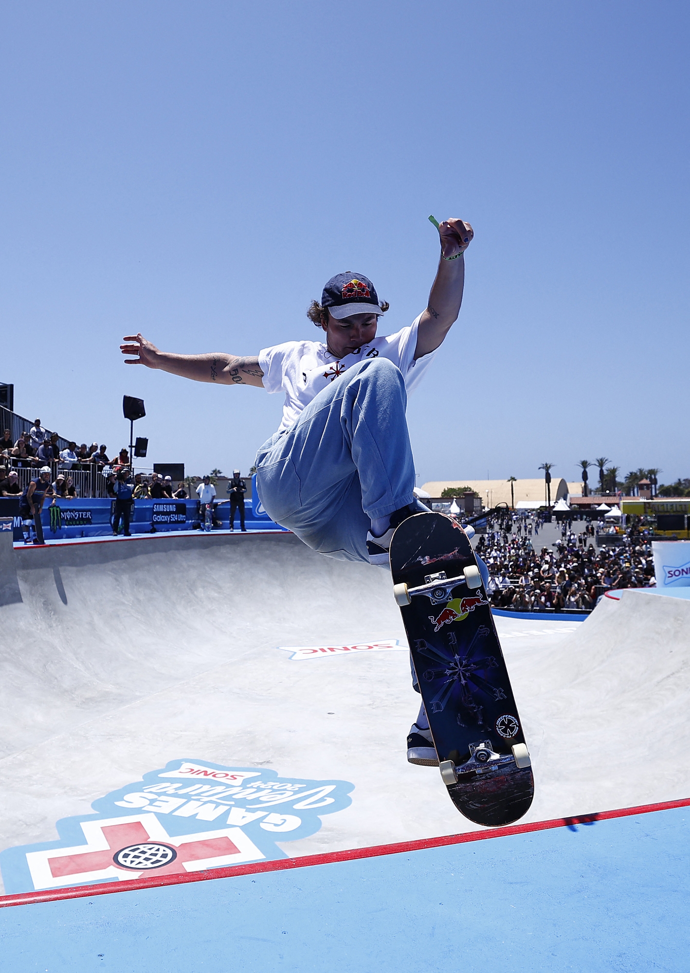 VENTURA, CALIFORNIA - JUNE 28: Alex Sorgente competes in the Men's Skateboard Park Elimination during the X Games California 2024 at Ventura County Fairgrounds and Event Center on June 28, 2024 in Ventura, California.   Ronald Martinez/Getty Images/AFP (Photo by RONALD MARTINEZ / GETTY IMAGES NORTH AMERICA / Getty Images via AFP)