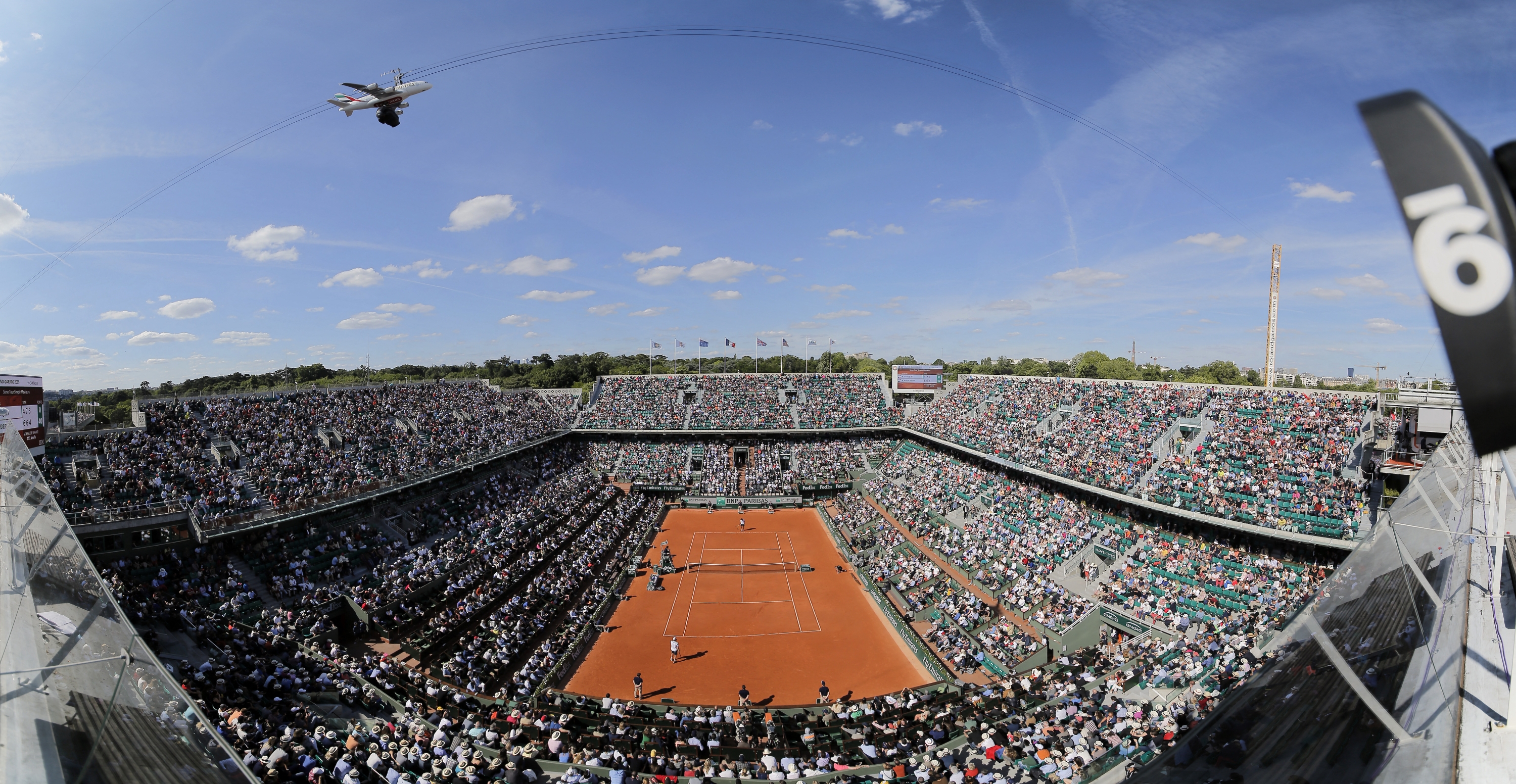 Philippe Chatrier panoramic view from the top during the of French Tennis Open at the Roland Garros stadium in Paris, France, on May 21 to June 7, 2015. Photo Stephane ALLAMAN / DPPI (Photo by STEPHANE ALLAMAN / Stéphane ALLAMAN / DPPI via AFP)