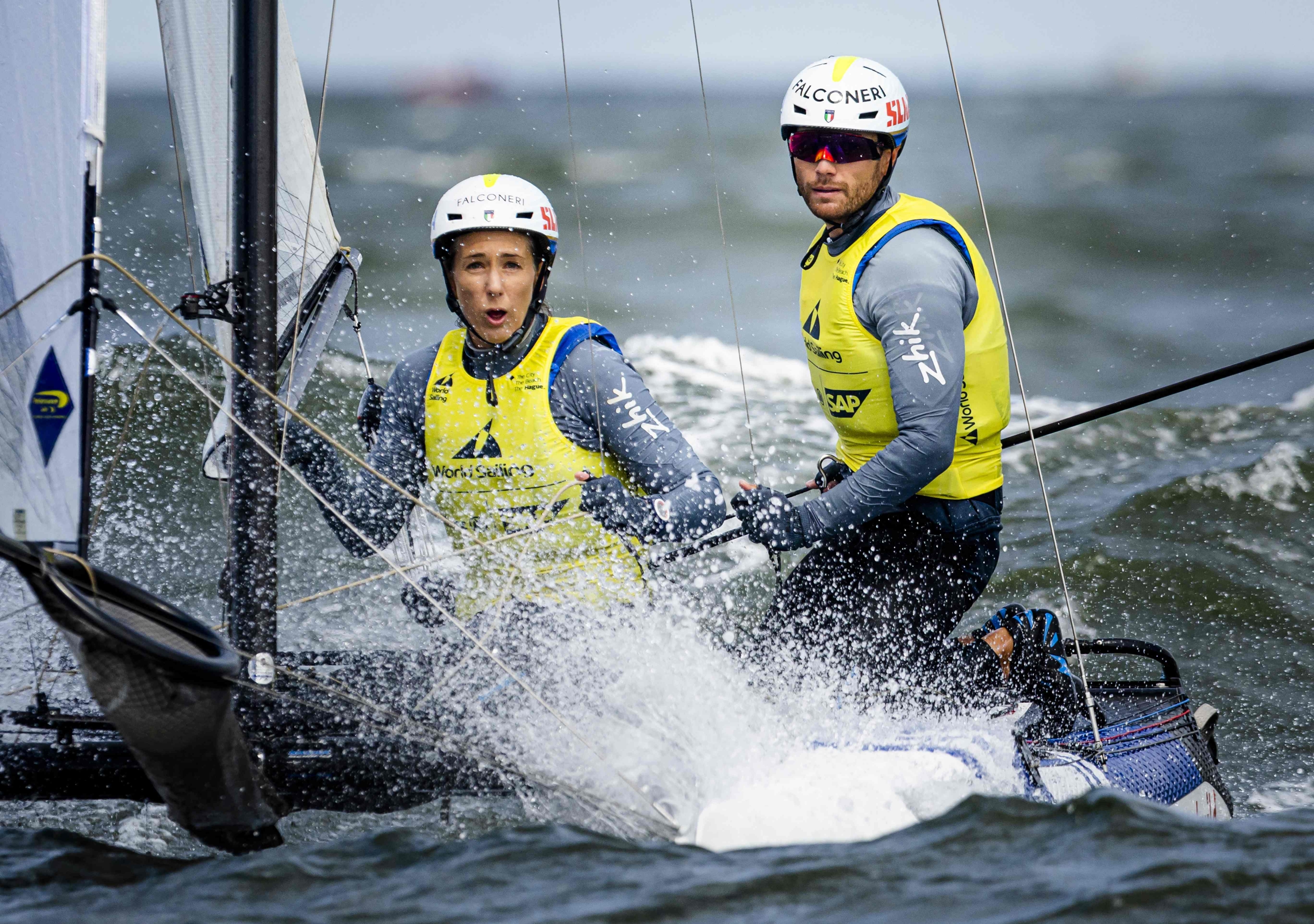 Caterina Banti and Ruggero Tita of Italy compete in Nacra 17 World Championship in Scheveningen, The Hague, on August 17, 2023. (Photo by Sem van der Wal / ANP / AFP) / Netherlands OUT