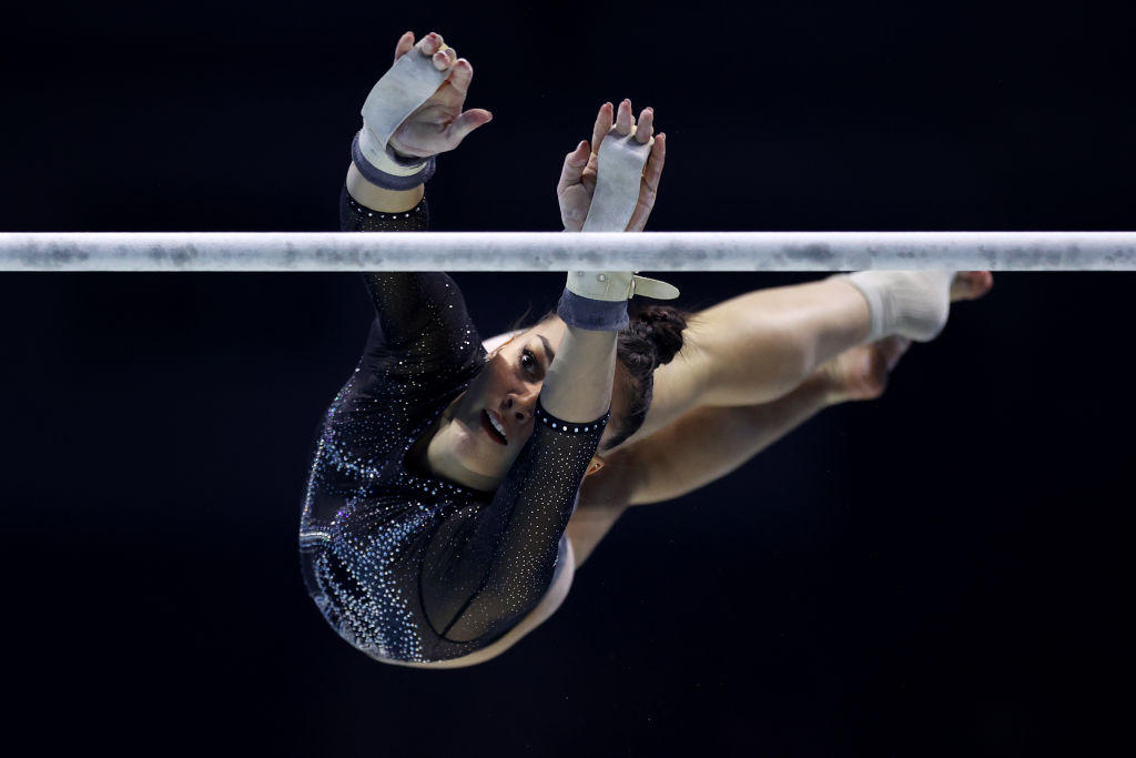 LIVERPOOL, ENGLAND - OCTOBER 30: Giorgia Villa of Team Italy competes on Uneven Bars during Women's Qualification on Day Two of the FIG Artistic Gymnastics World Championships at M&S Bank Arena on October 30, 2022 in Liverpool, England. (Photo by Naomi Baker/Getty Images)