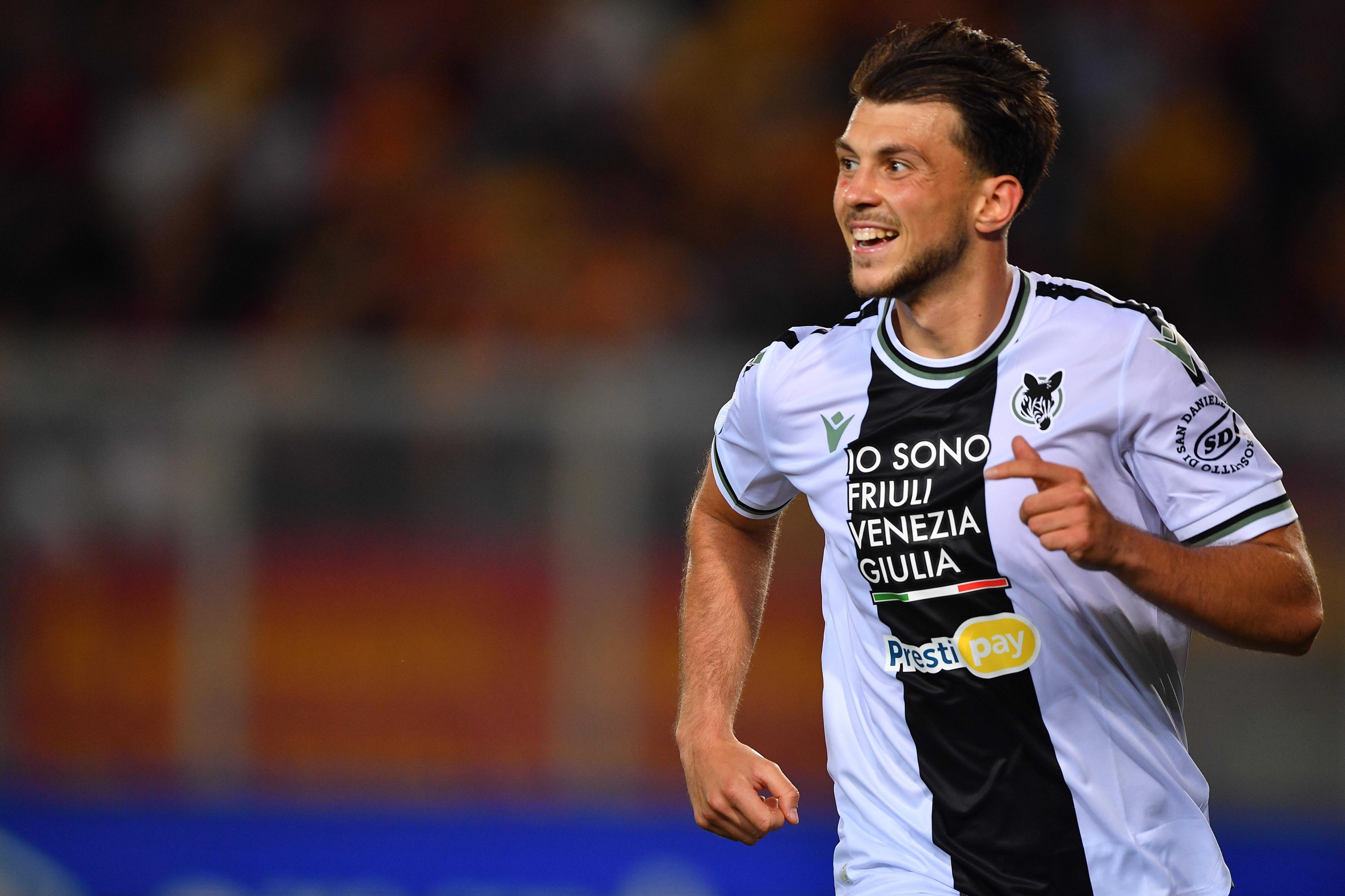 Udinese's midfielder Lazar Samardzic (24 Udinese Calcio) celebrates after scoring the team's second goal during the Serie A TIM soccer match between US Lecce and Udinese Calcio 1896 at the Via del Mare Stadium in Lecce, Italy, Monday, May 13, 2024. (Credit Image: © Giovanni Evangelista/LaPresse)