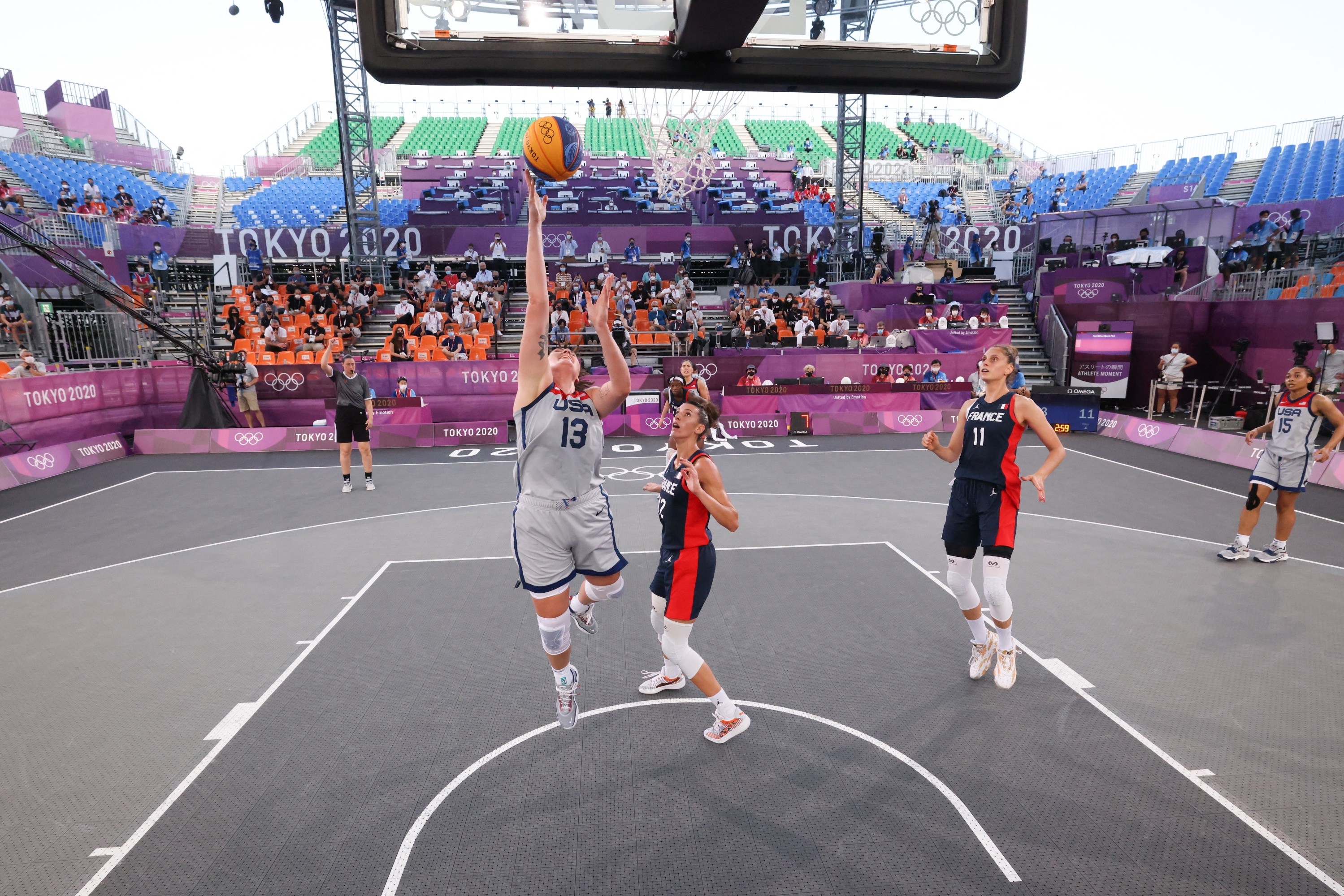 TOKYO, JAPAN - JULY 28: Stefanie Dolson #13 of the USA Women's National 3x3 Team shoots the ball during the game against France during the 2020 Tokyo Olympics during the bronze medal game on July 28, 2021 at Aomi Urban Sports Park in Tokyo, Japan. NOTE TO USER: User expressly acknowledges and agrees that, by downloading and or using this photograph, User is consenting to the terms and conditions of the Getty Images License Agreement.   Stephen Gosling/NBAE via Getty Images/AFP (Photo by Stephen Gosling / NBAE / Getty Images / Getty Images via AFP)