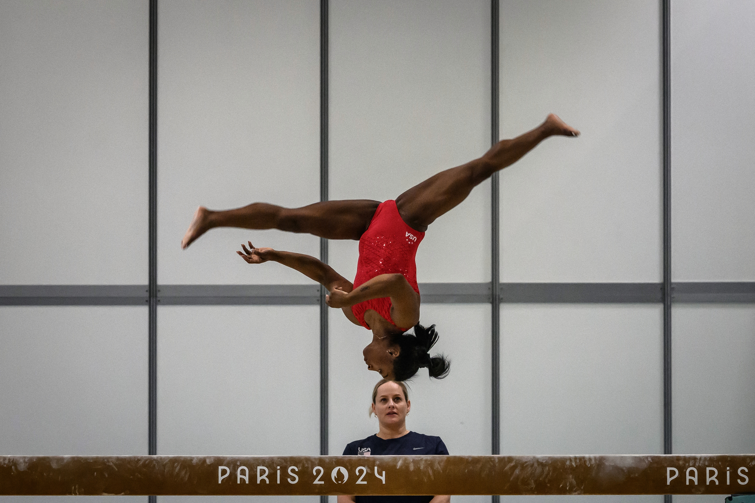 US' Simone Biles takes part in a training session at the Gymnastics training centre in Le Bourget, on July 22, 2024, ahead of the Paris 2024 Olympic Games. (Photo by JEFF PACHOUD / AFP)