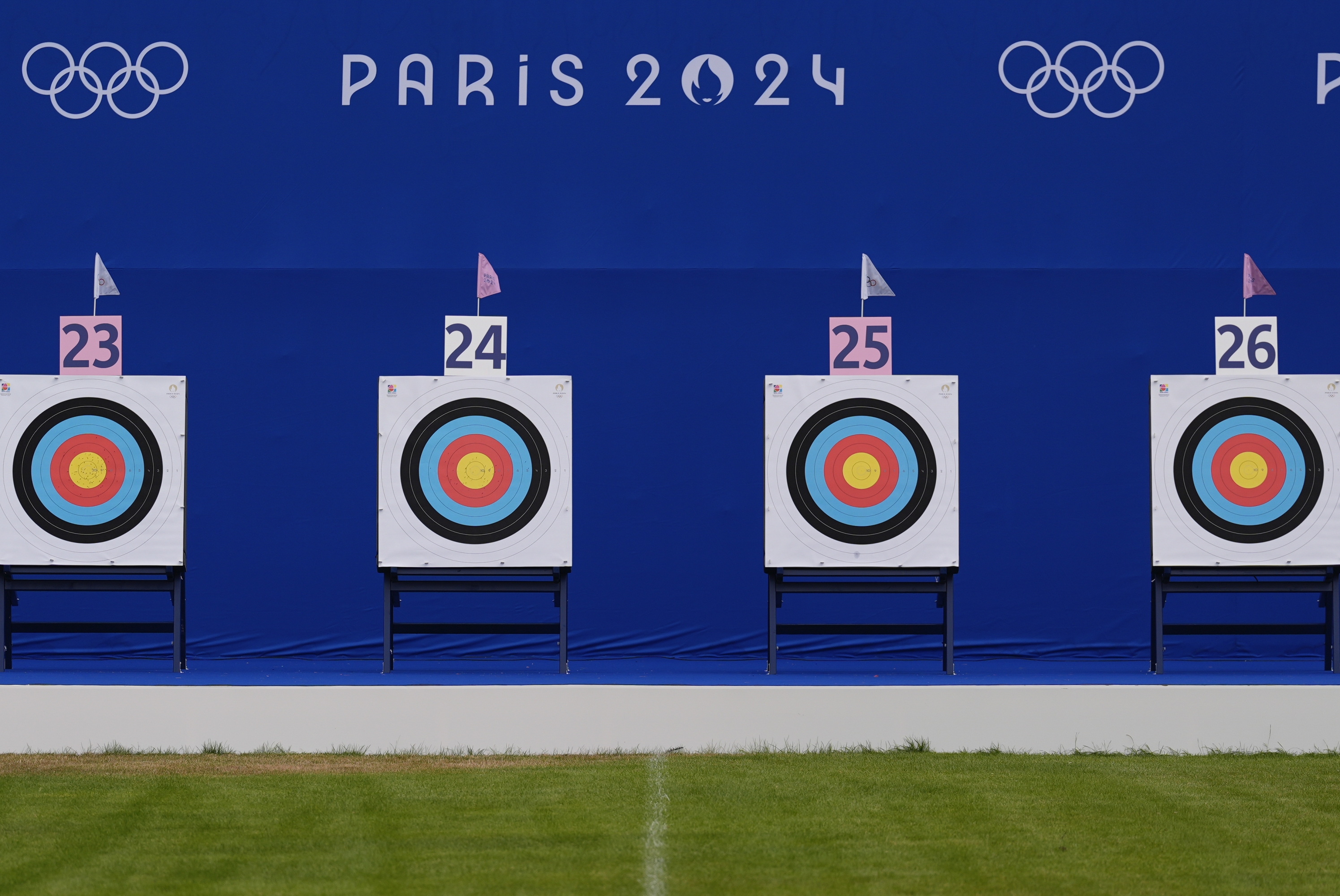Archery targets are seen during a training session at the 2024 Summer Olympics, Tuesday, July 23, 2024, in Paris, France. (AP Photo/Brynn Anderson)