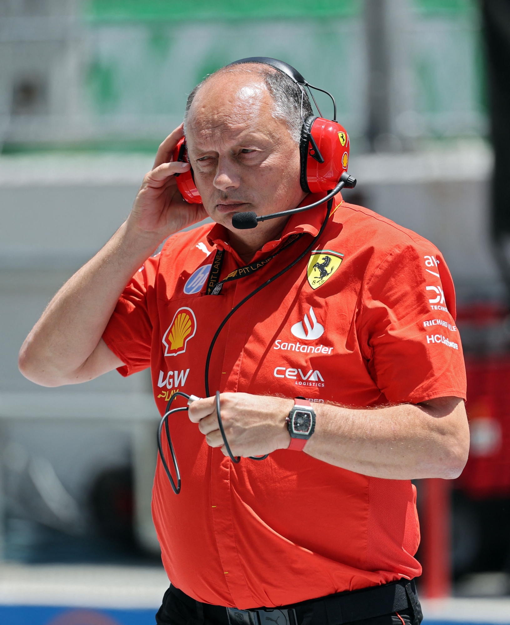 Ferrari team French director Frederic Vasseur is pictured during the third practice session at the Circuit de Catalunya on June 22, 2024 in Montmelo, on the outskirts of Barcelona, during the Spanish Formula One Grand Prix. (Photo by Thomas COEX / AFP)