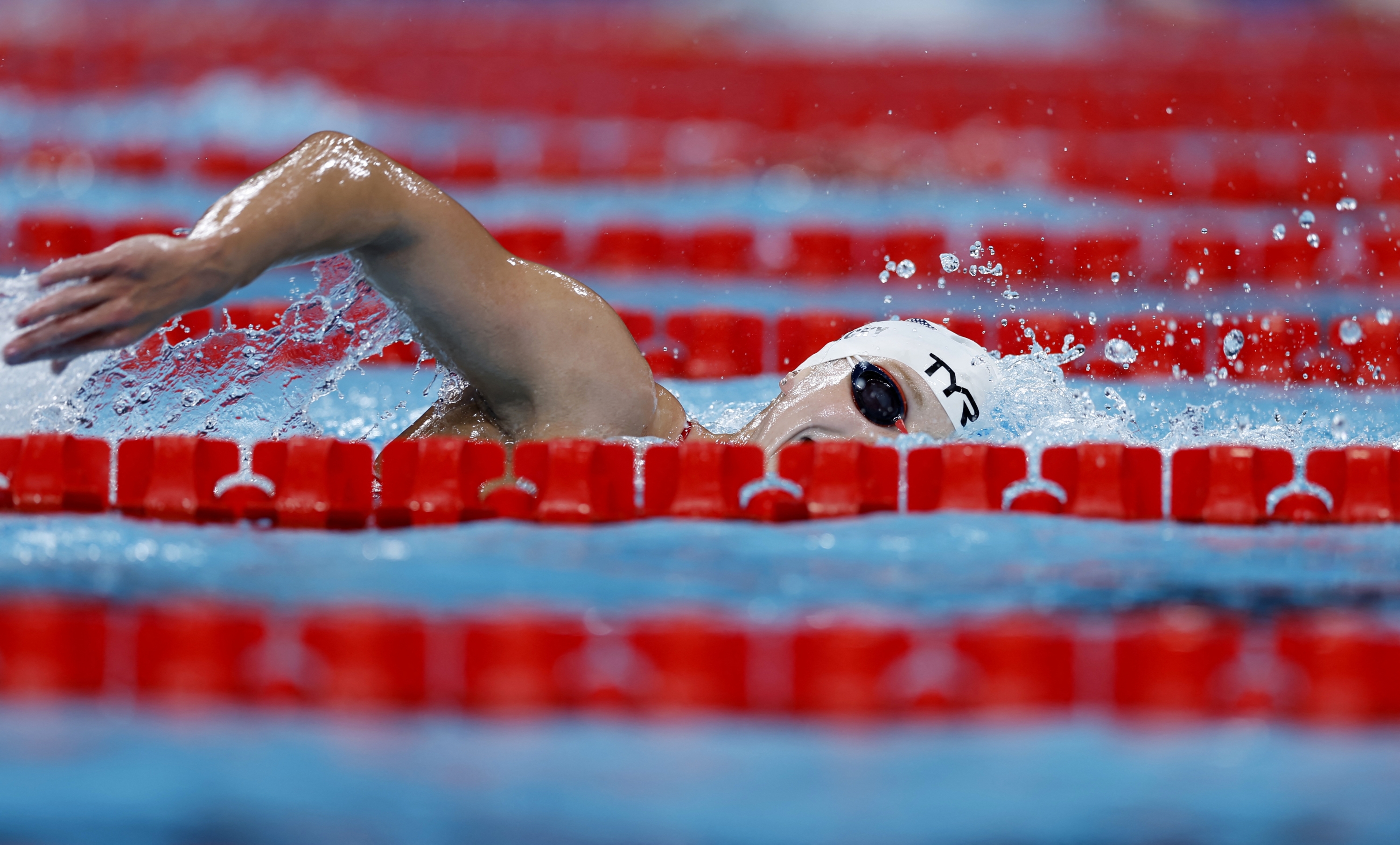 NANTERRE, FRANCE - JULY 23: Katie Ledecky of the U.S in action during a Swimming training at Paris La Defense Arena on July 23, 2024 in Nanterre, France. (Photo by Clodagh Kilcoyne - Pool/Getty Images)
