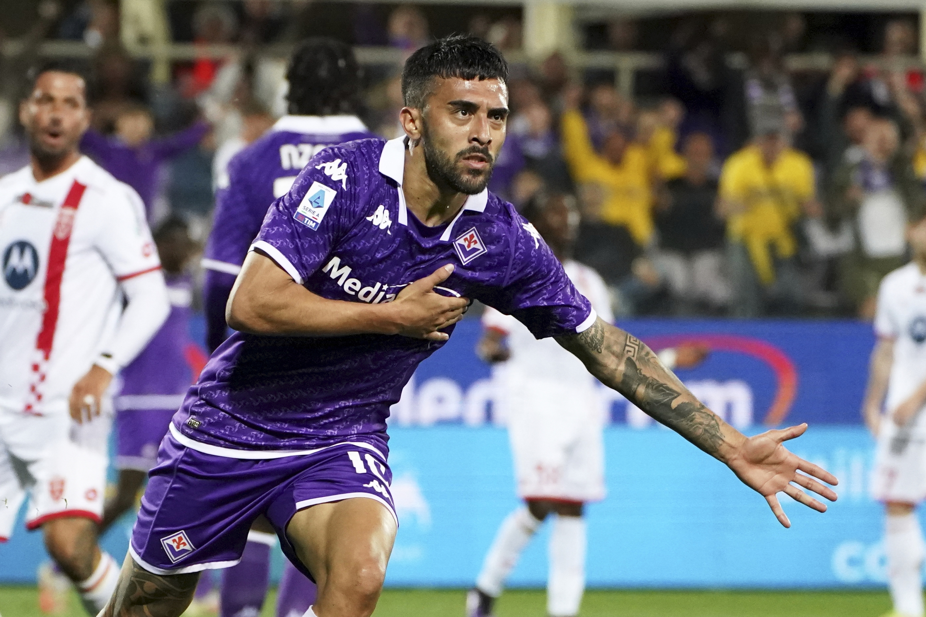 Fiorentina’s Nicolas Gonzalez celebrates after scoring the goal of 1-1 during the Serie A soccer match between Fiorentina and Monza at the Artemio Franchi stadium , center of Italy - Monday, June 13, 2024. Sport - Soccer (Photo by Marco Bucco/La Presse)