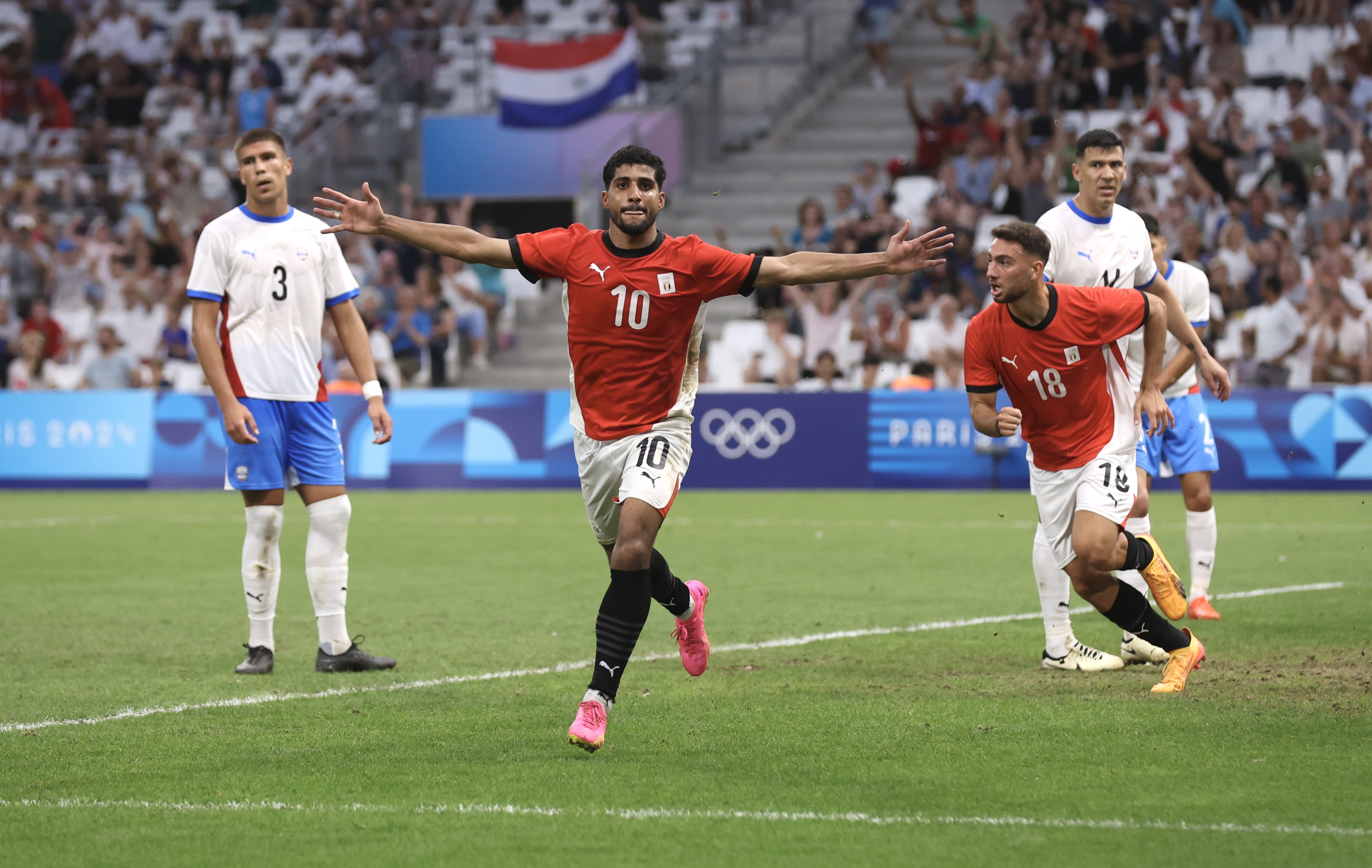 MARSEILLE, FRANCE - AUGUST 02: Adel Ibrahim #10 of Team Egypt celebrates scoring his team's first goal during the Men's Quarterfinal match between Egypt and Paraguay during the Olympic Games Paris 2024 at Stade de Marseille on August 02, 2024 in Marseille, France. (Photo by Alex Livesey/Getty Images)