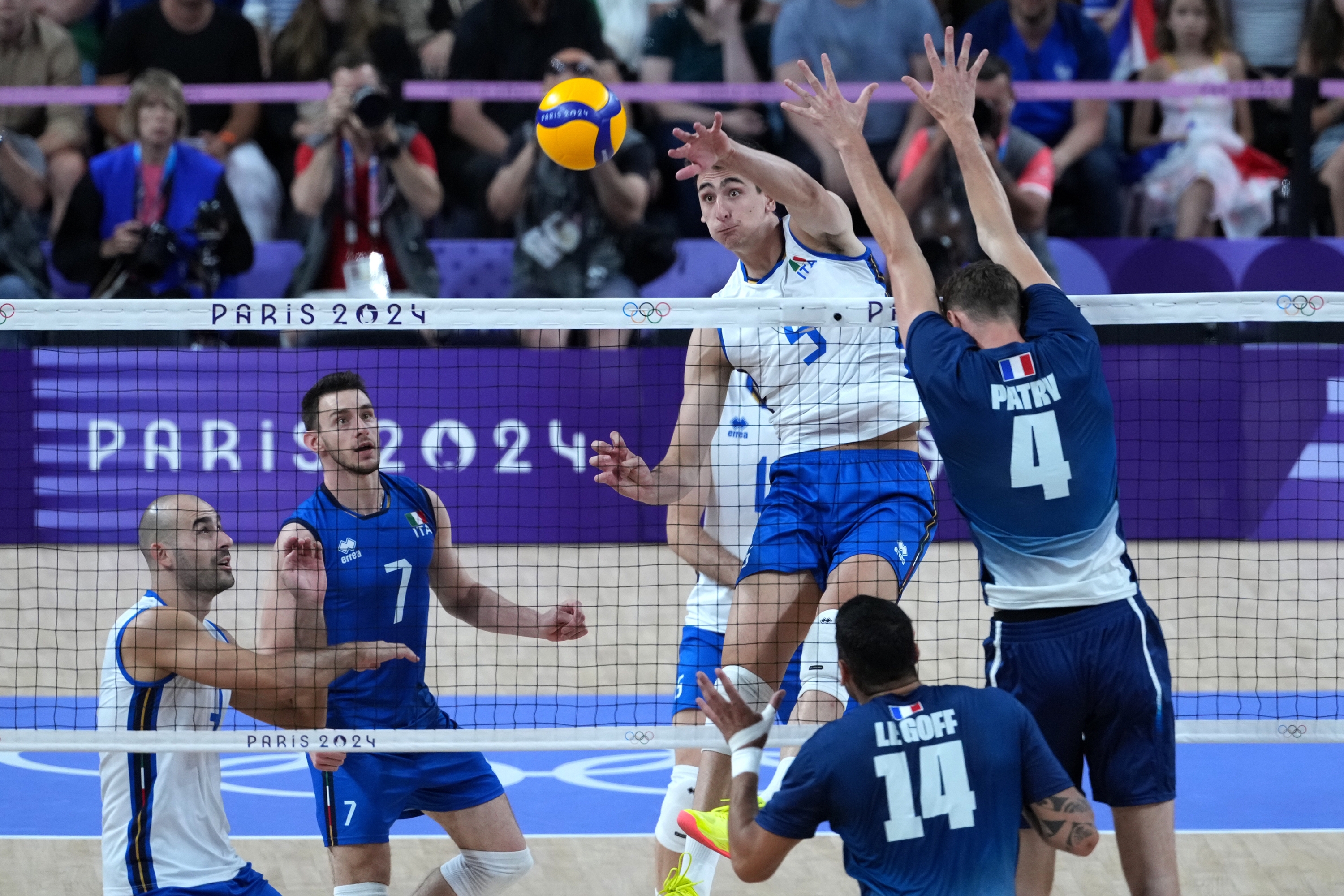 Alessandro Michieletto of Italy during a semifinal men's volleyball match against Italy at the 2024 Summer Olympics, Wednesday, Aug. 7, 2024, in Paris, France. (Photo LaPresse/Gian Mattia D'Alberto)