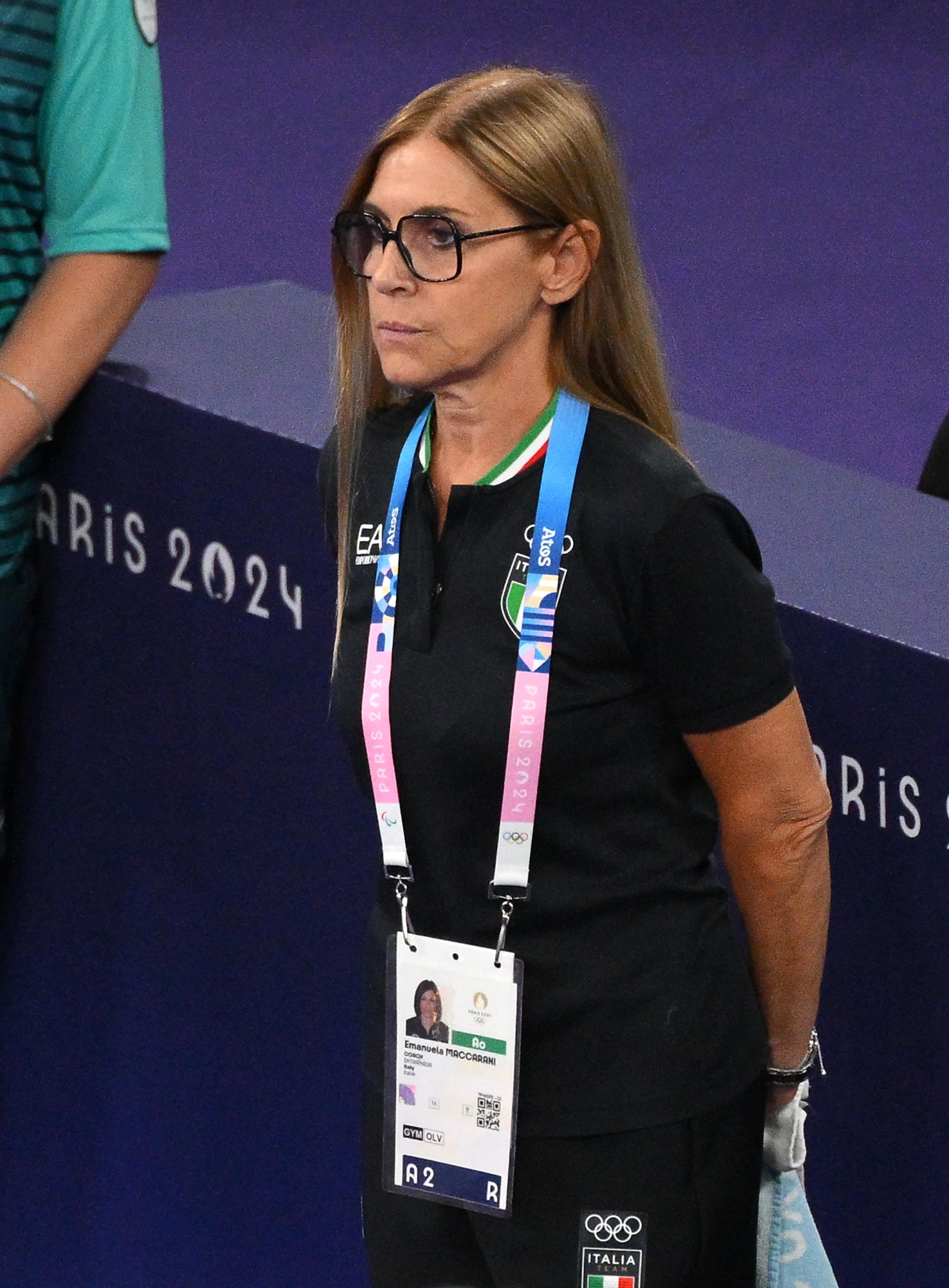 Italian coach Emanuela Maccarani during the Individual All-Around final of the Rhythmic Gymnastics competitions in the Paris 2024 Olympic Games, at La Chapelle Arena in Paris, France, 9 August 2024. ANSA/ETTORE FERRARI