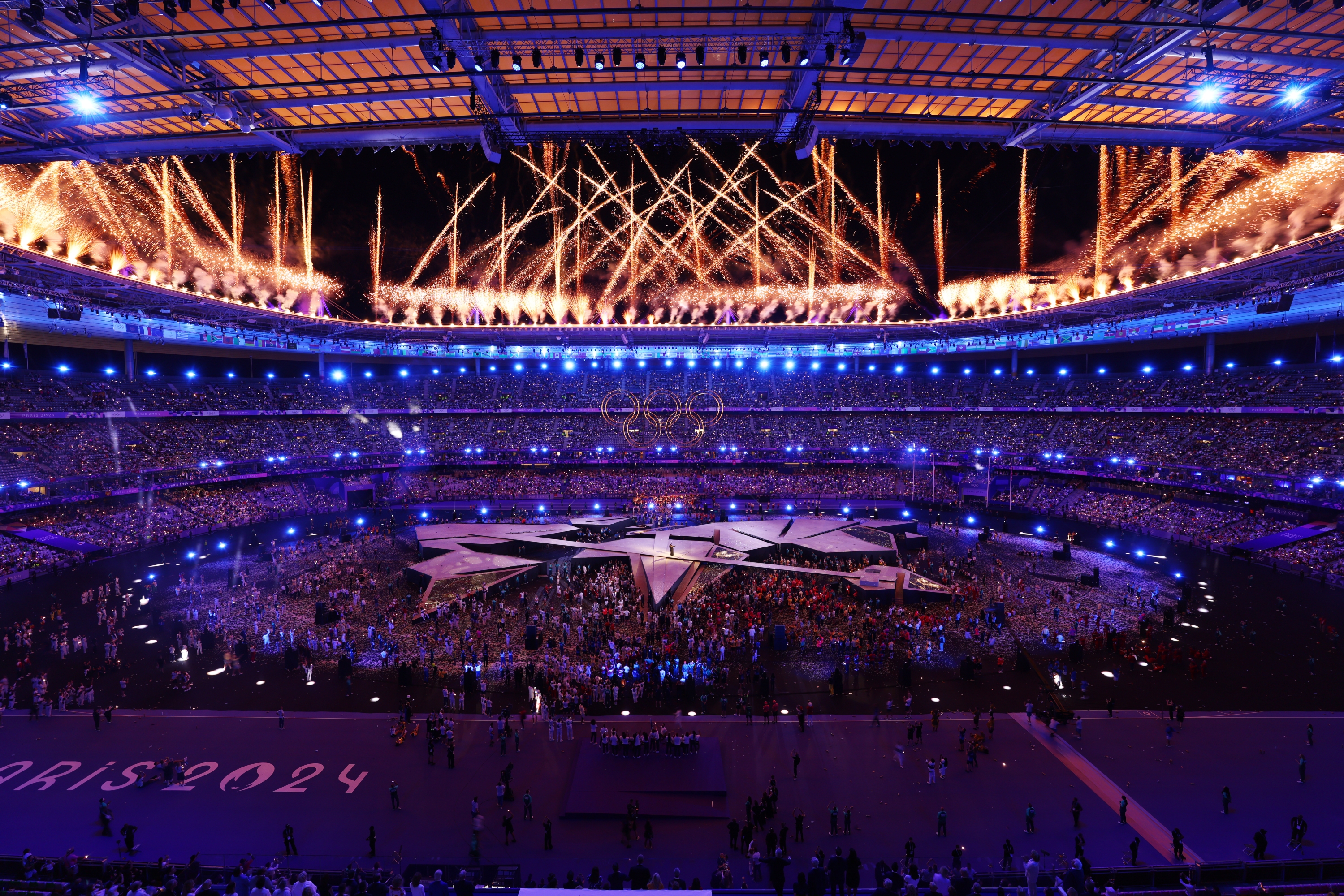 PARIS, FRANCE - AUGUST 11: A general view of the inside of the stadium as a Pyrotechnics Display takes place during the Closing Ceremony of the Olympic Games Paris 2024 at Stade de France on August 11, 2024 in Paris, France. (Photo by Michael Reaves/Getty Images)