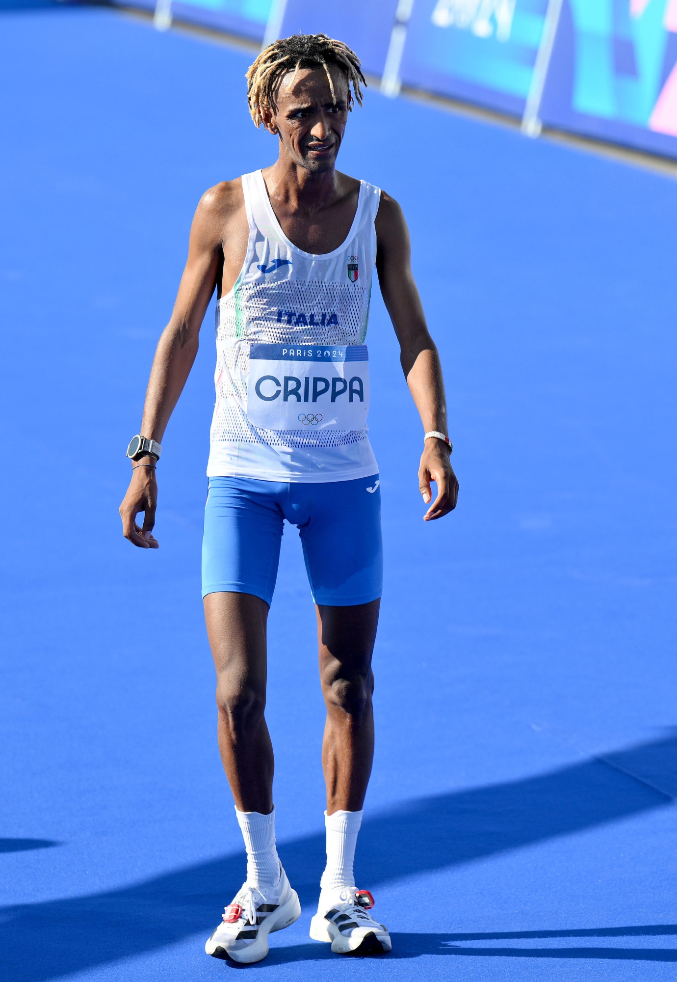 Italy's Yemaneberhan Crippa reacts after the Men's Marathon of the Athletics competitions in the Paris 2024 Olympic Games at Invalides in Paris, France, 10 August 2024. ANSA/ETTORE FERRARI