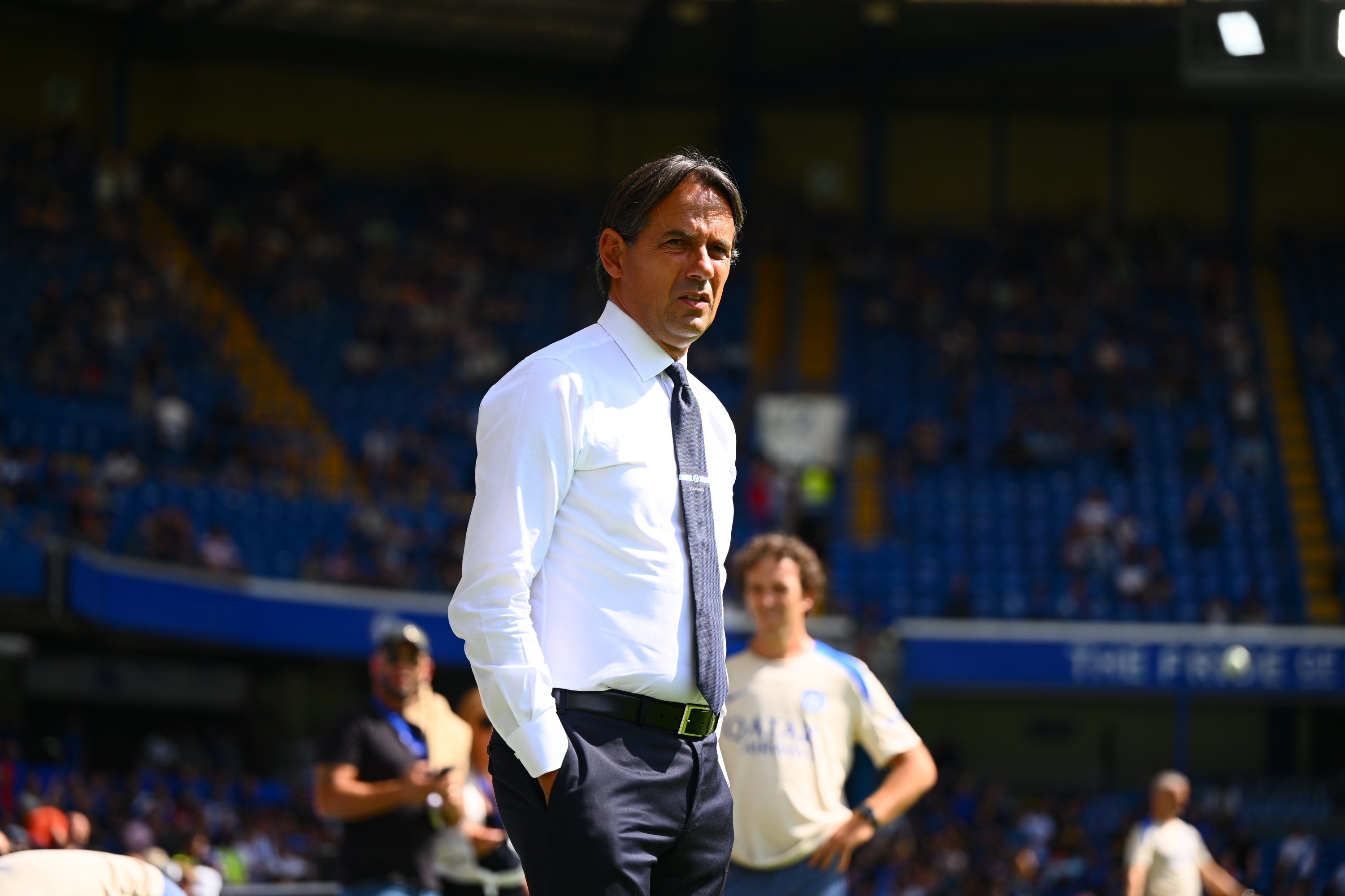 LONDON, ENGLAND - AUGUST 11:  Head caoch of FC Internazionale Simone Inzaghi reacts during the pre-season friendly match between Chelsea and FC Internazionale at Stamford Bridge on August 11, 2024 in London, England. (Photo by Mattia Pistoia - Inter/Inter via Getty Images)