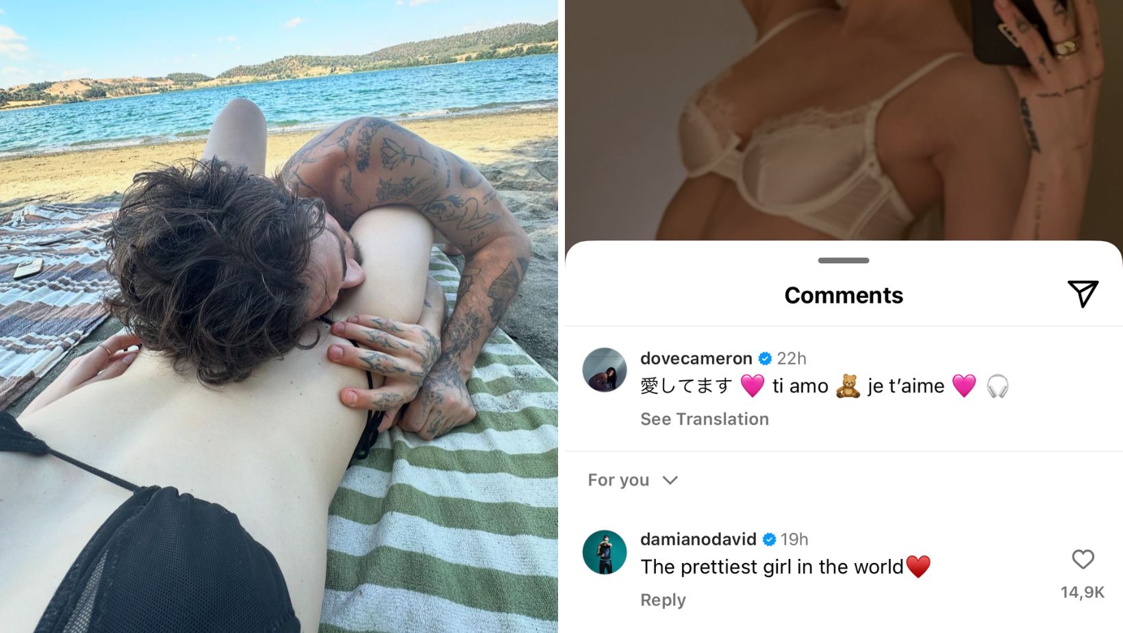 Damiano David e Dove Cameron, la dedica d'amore in tre lingue su Instagram