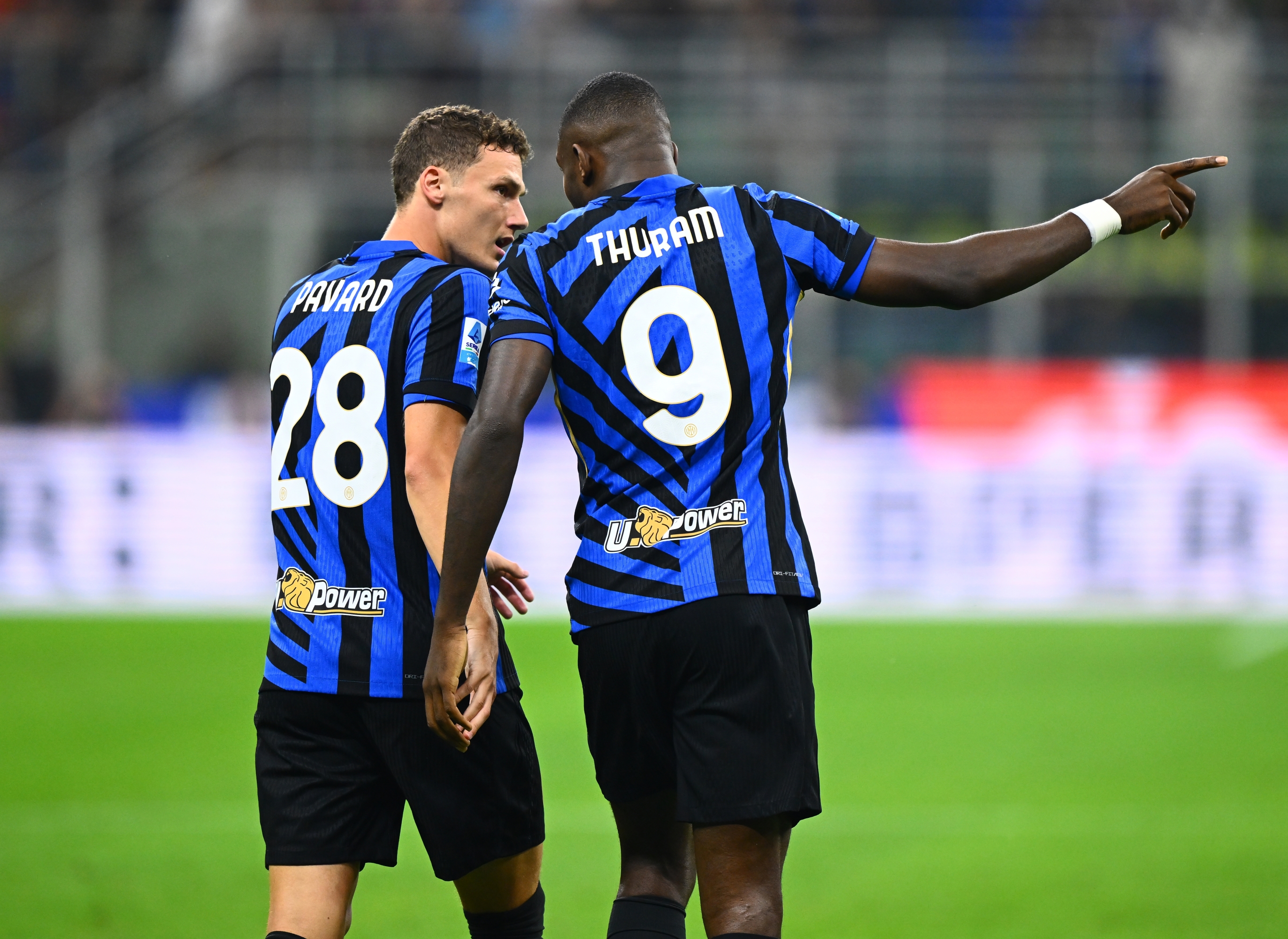 MILAN, ITALY - AUGUST 30:  Marcus Thuram of FC Internazionale reacts with Benjamin Pavard during the Serie match between Inter and Atalanta at Stadio Giuseppe Meazza on August 30, 2024 in Milan, Italy. (Photo by Mattia Pistoia - Inter/Inter via Getty Images)