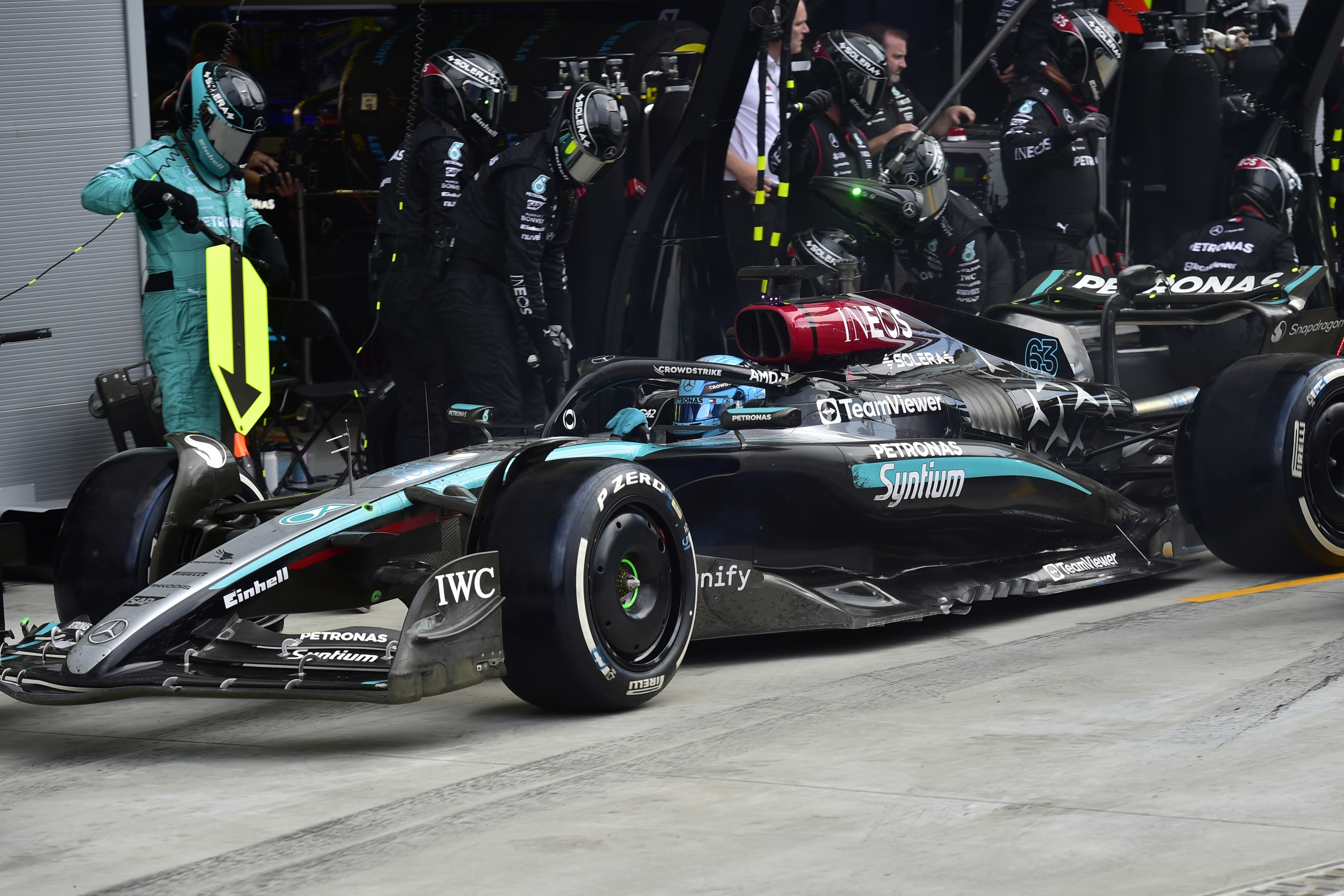 Mercedes driver George Russell of Britain steers his car after a pit service during the Formula One Italian Grand Prix race at the Monza racetrack, in Monza, Italy, Sunday, Sept. 1, 2024. ({byline}/Pool Photo via AP)