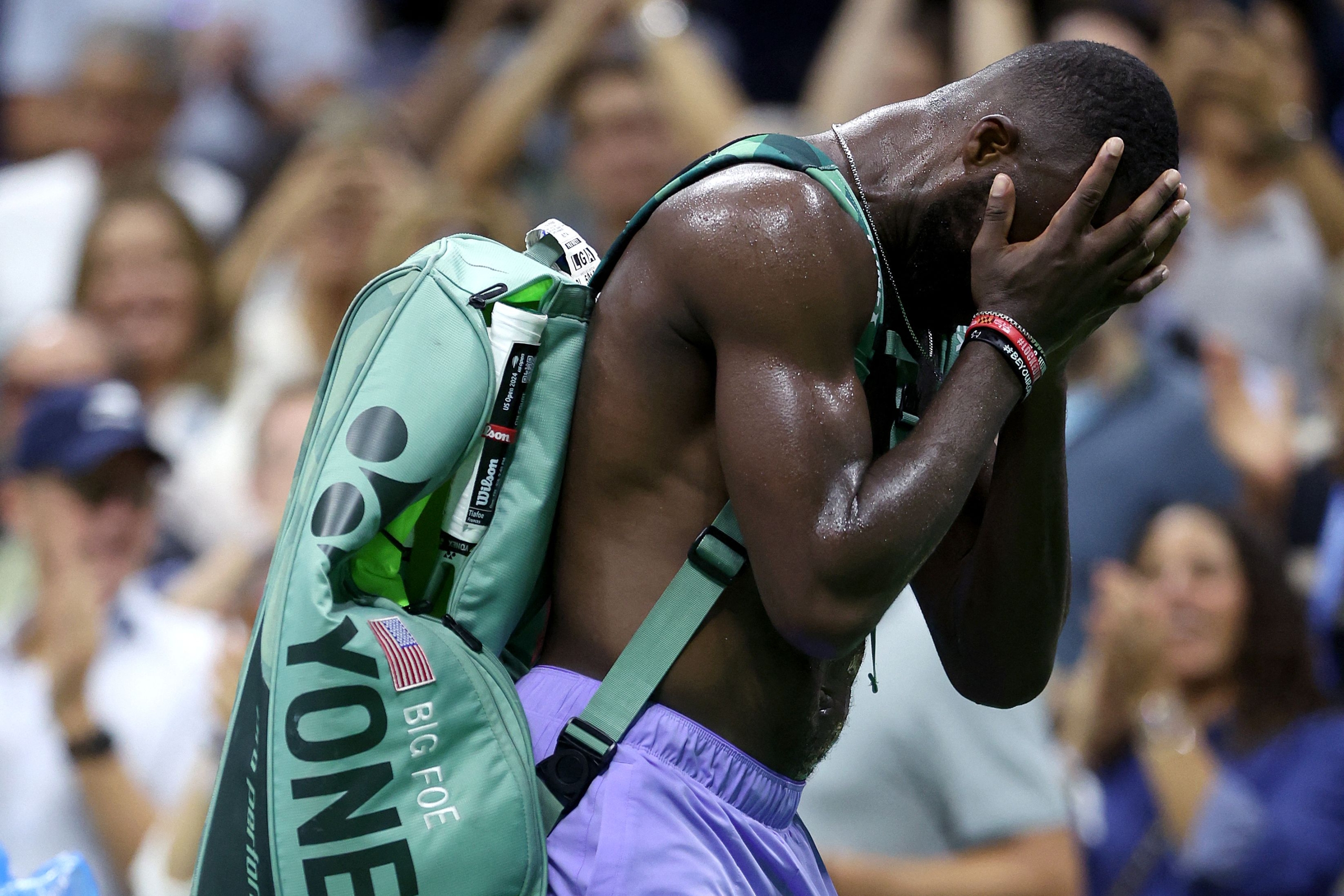 NEW YORK, NEW YORK - SEPTEMBER 06: Frances Tiafoe of the United States walks off the court after losing to Taylor Fritz of the United States in their Men's Singles Semifinal match on Day Twelve of the 2024 US Open at USTA Billie Jean King National Tennis Center on September 06, 2024 in the Flushing neighborhood of the Queens borough of New York City.   Matthew Stockman/Getty Images/AFP (Photo by MATTHEW STOCKMAN / GETTY IMAGES NORTH AMERICA / Getty Images via AFP)