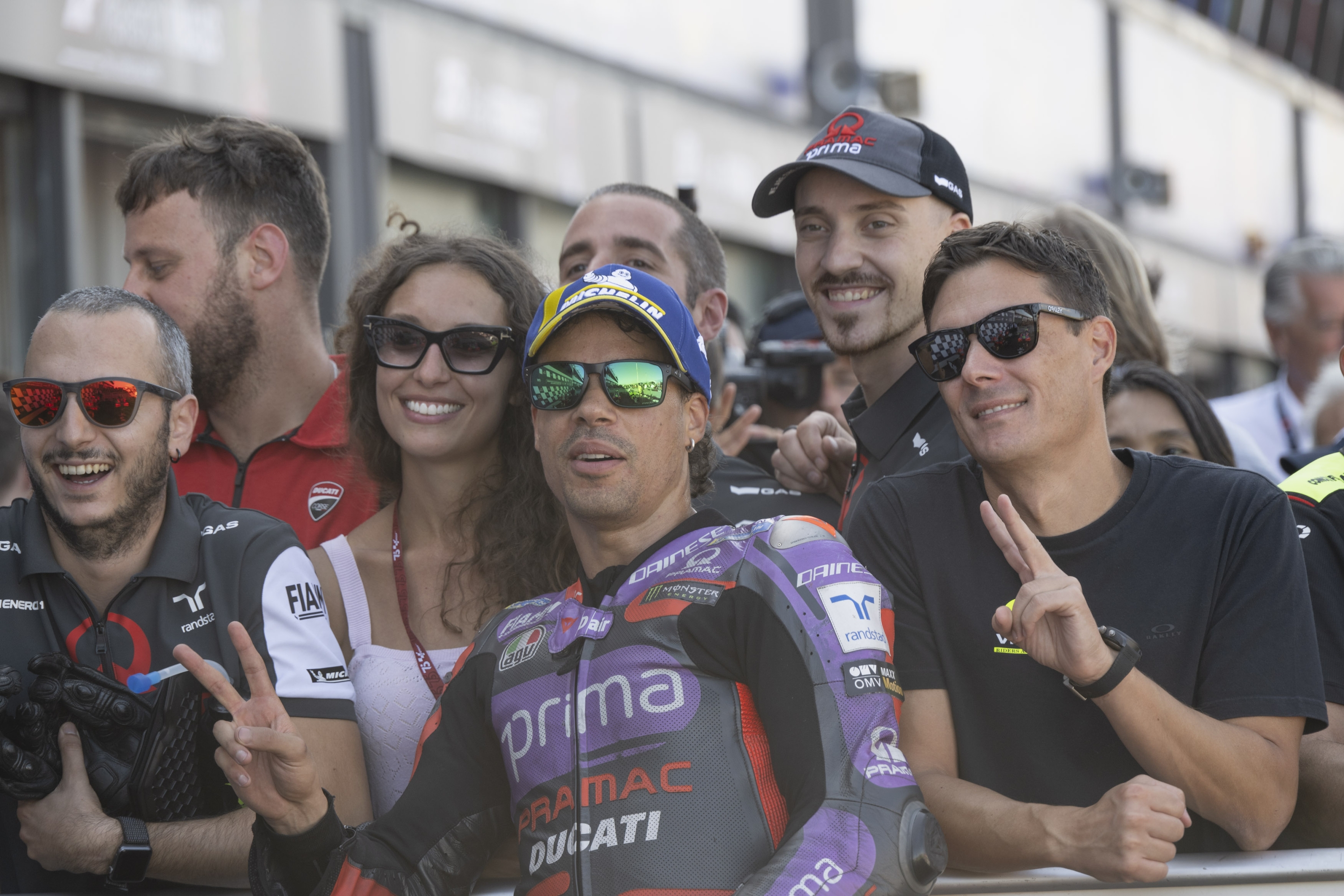 MISANO ADRIATICO, ITALY - SEPTEMBER 07: Franco Morbidelli of Italy and Prima Pramac Racing celebrates with team during the MotoGP qualifying practice during the MotoGP Of San Marino - Qualifying at Misano World Circuit on September 07, 2024 in Misano Adriatico, Italy. (Photo by Mirco Lazzari gp/Getty Images)