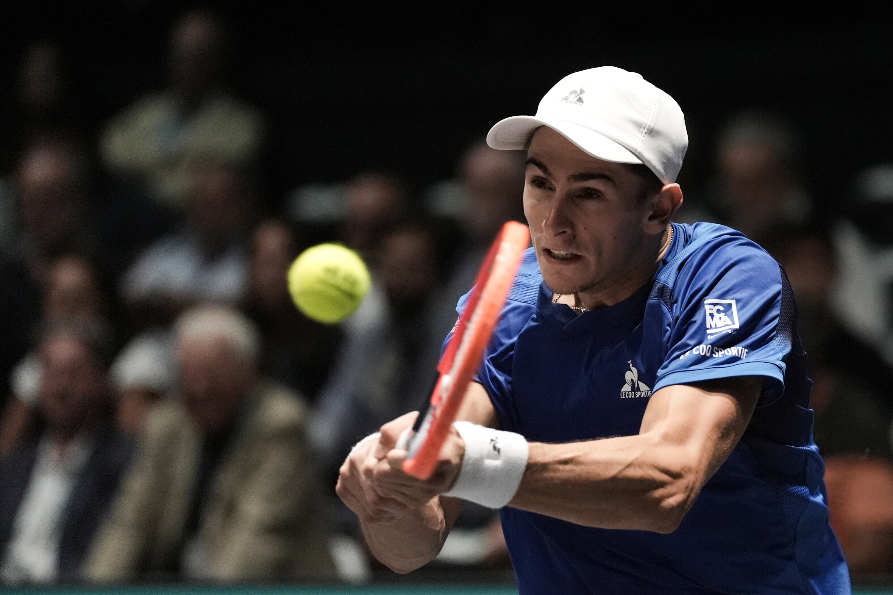 Matteo Arnaldi in action during 2024 Davis Cup Finals Group A match between Matteo Arnaldi (ITA) and Thiago Monteiro (BRA) at the Unipol Arena, Bologna, Italy -  September 11,  2024. Sport - Tennis. (Photo by Massimo Paolone/LaPresse)