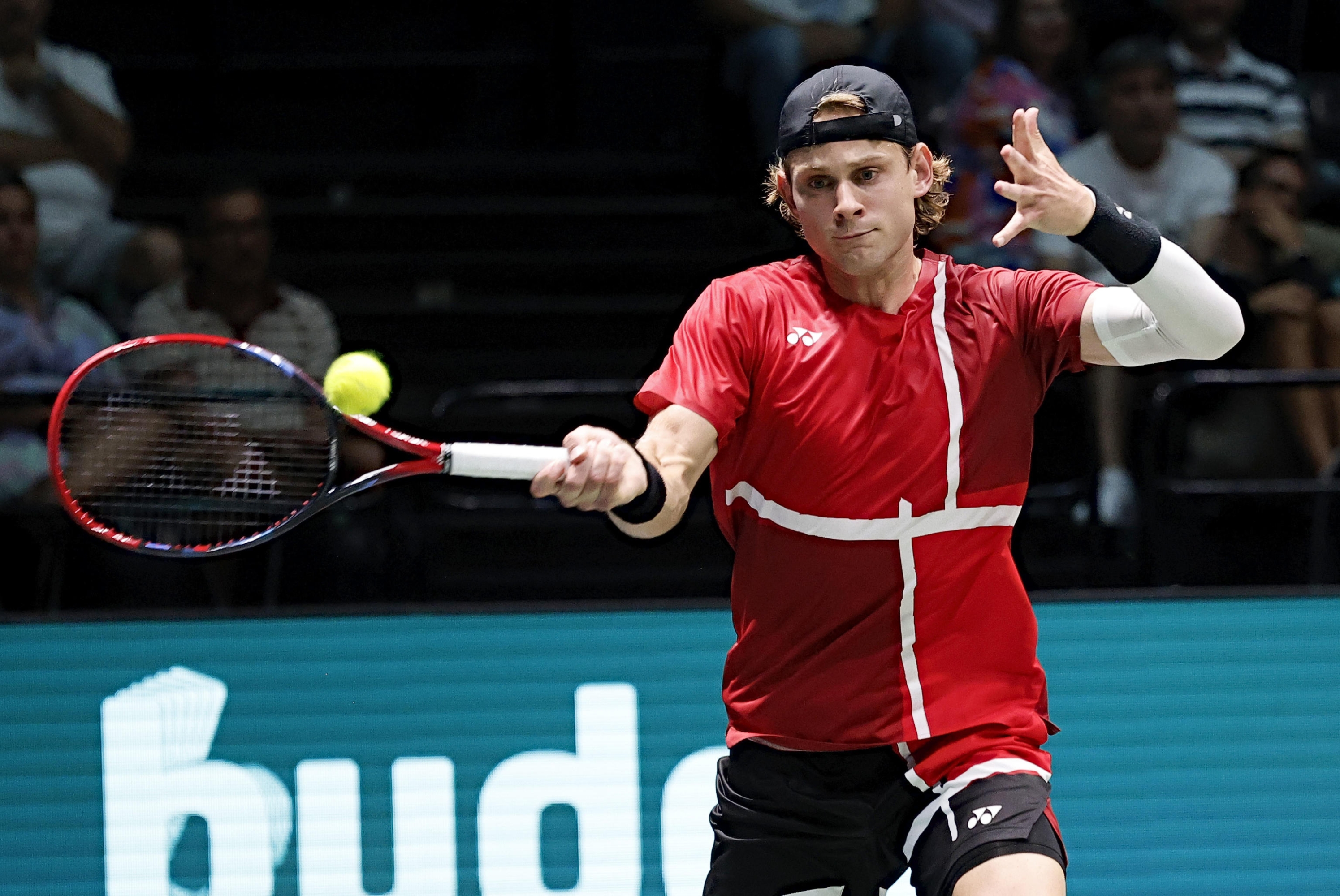 Belgian player Zizou Bergs  in action against Netherlands  tennis player Tallon Griekspoor during the match of Davis Cup Final Group Stage at Unipol Arena in Casalecchio (Bologna) Italy, 10 September 2024. ANSA /ELISABETTA BARACCHI