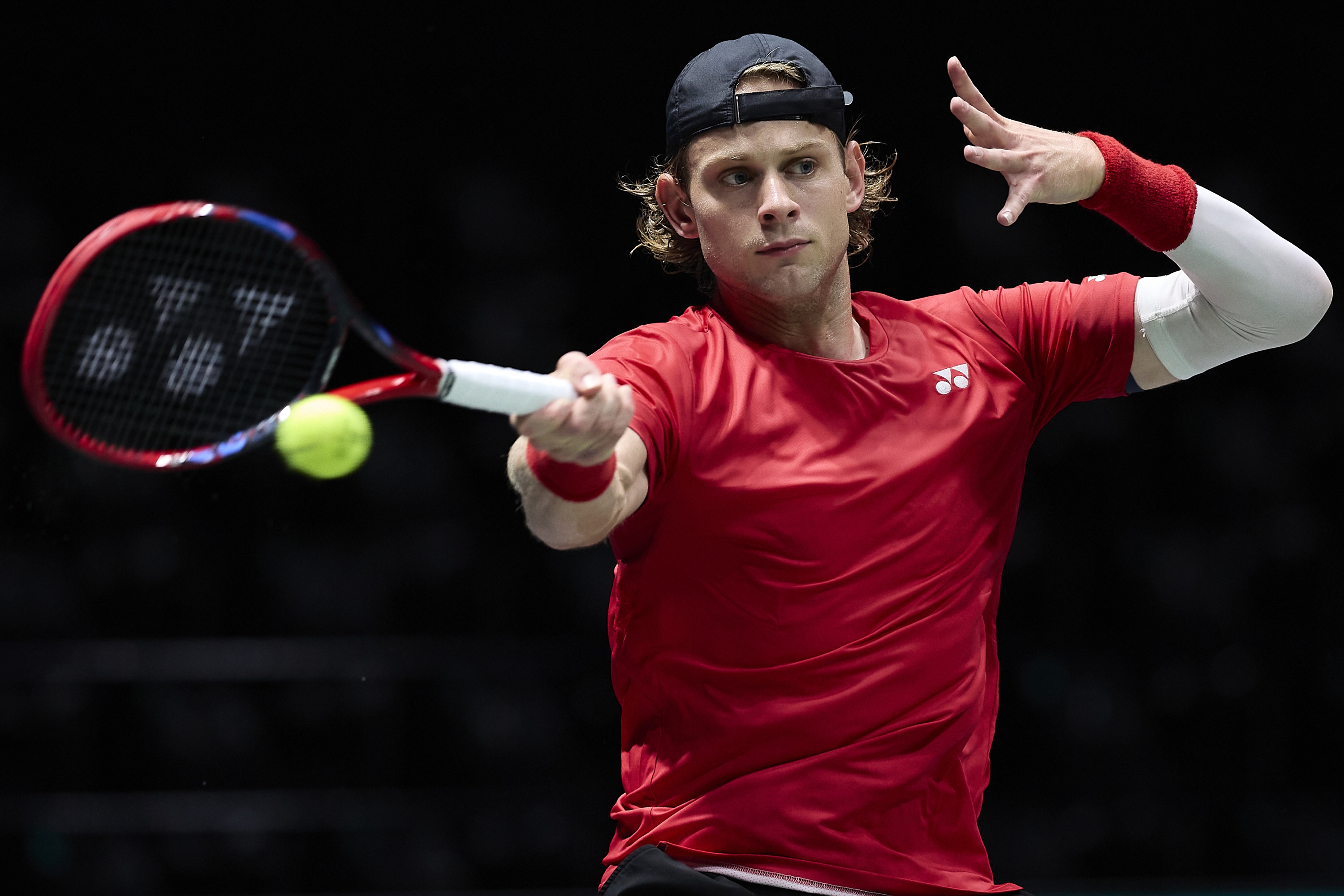 BOLOGNA, ITALY - SEPTEMBER 09: Zizou Bergs of Belgium in action during practice ahead of the 2024 Davis Cup Finals Group Stage Bologna at Unipol Arena on September 09, 2024 in Bologna, Italy. (Photo by Emmanuele Ciancaglini/Getty Images for ITF)