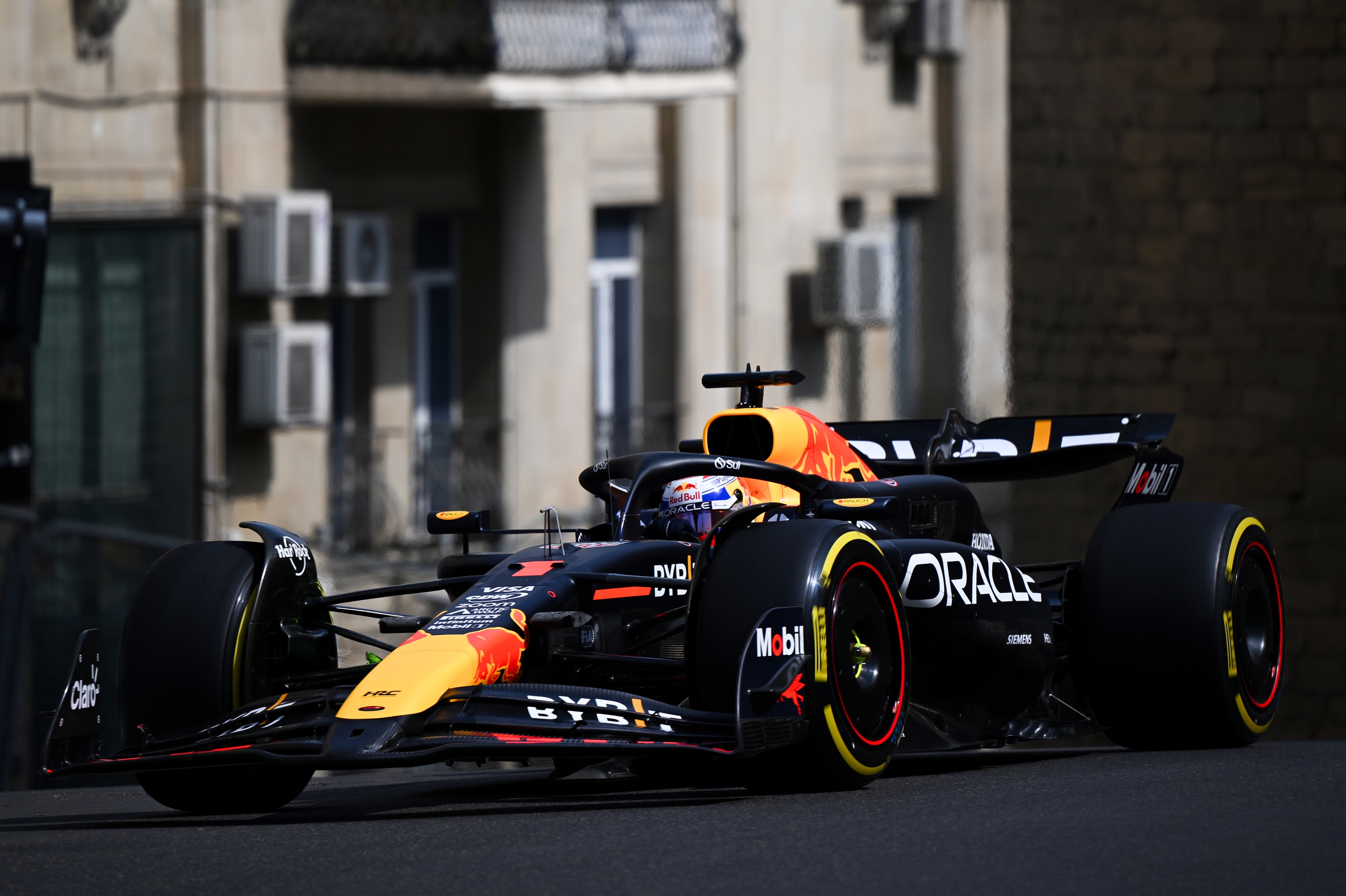 BAKU, AZERBAIJAN - SEPTEMBER 13: Max Verstappen of the Netherlands driving the (1) Oracle Red Bull Racing RB20 on track during practice ahead of the F1 Grand Prix of Azerbaijan at Baku City Circuit on September 13, 2024 in Baku, Azerbaijan. (Photo by Clive Mason/Getty Images)