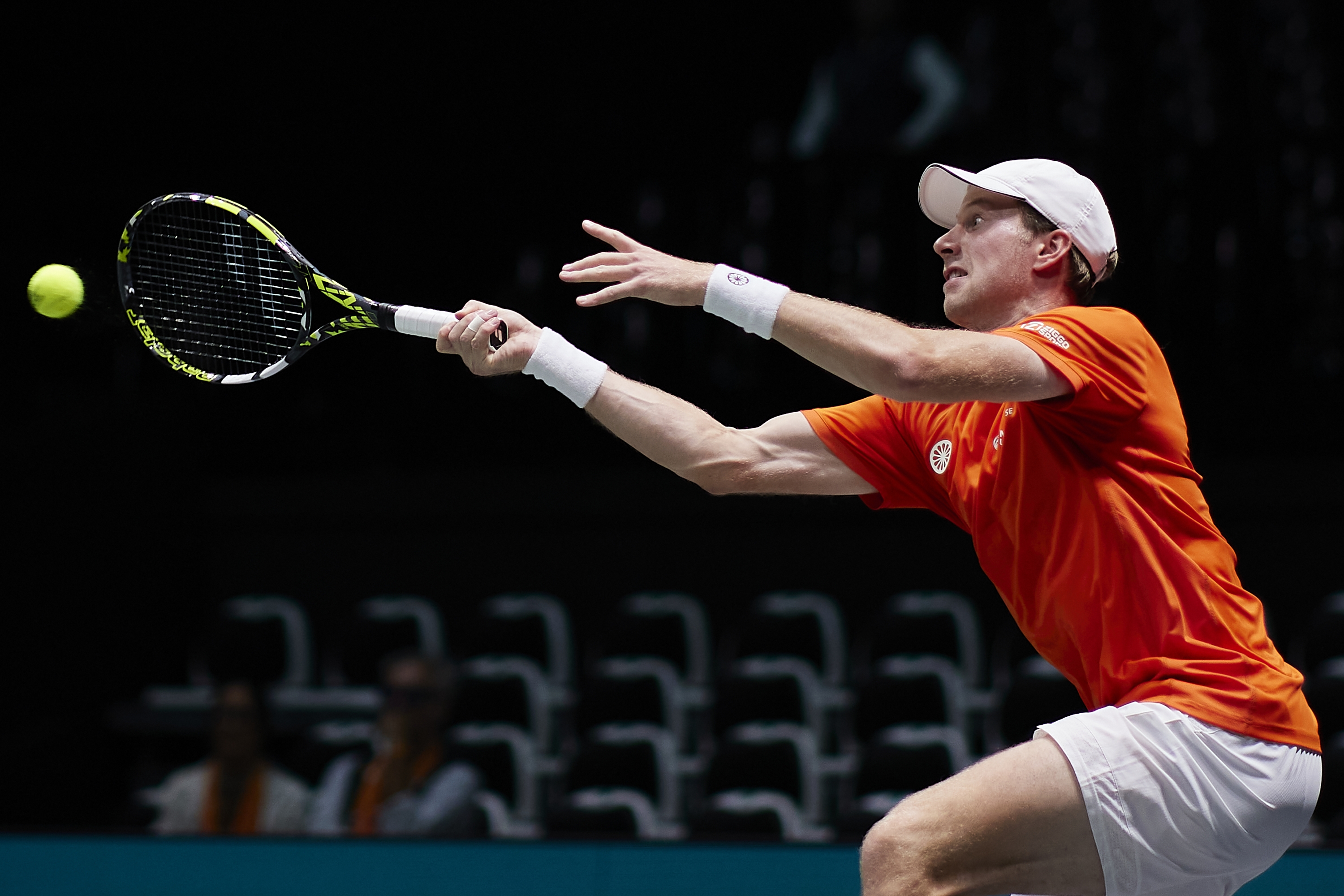 BOLOGNA, ITALY - SEPTEMBER 12: Botic van de Zandschulp of Netherlands in action during the 2024 Davis Cup Finals Group Stage Bologna match between Netherlands and Brazil at Unipol Arena on September 12, 2024 in Bologna, Italy. (Photo by Emmanuele Ciancaglini/Getty Images for ITF)