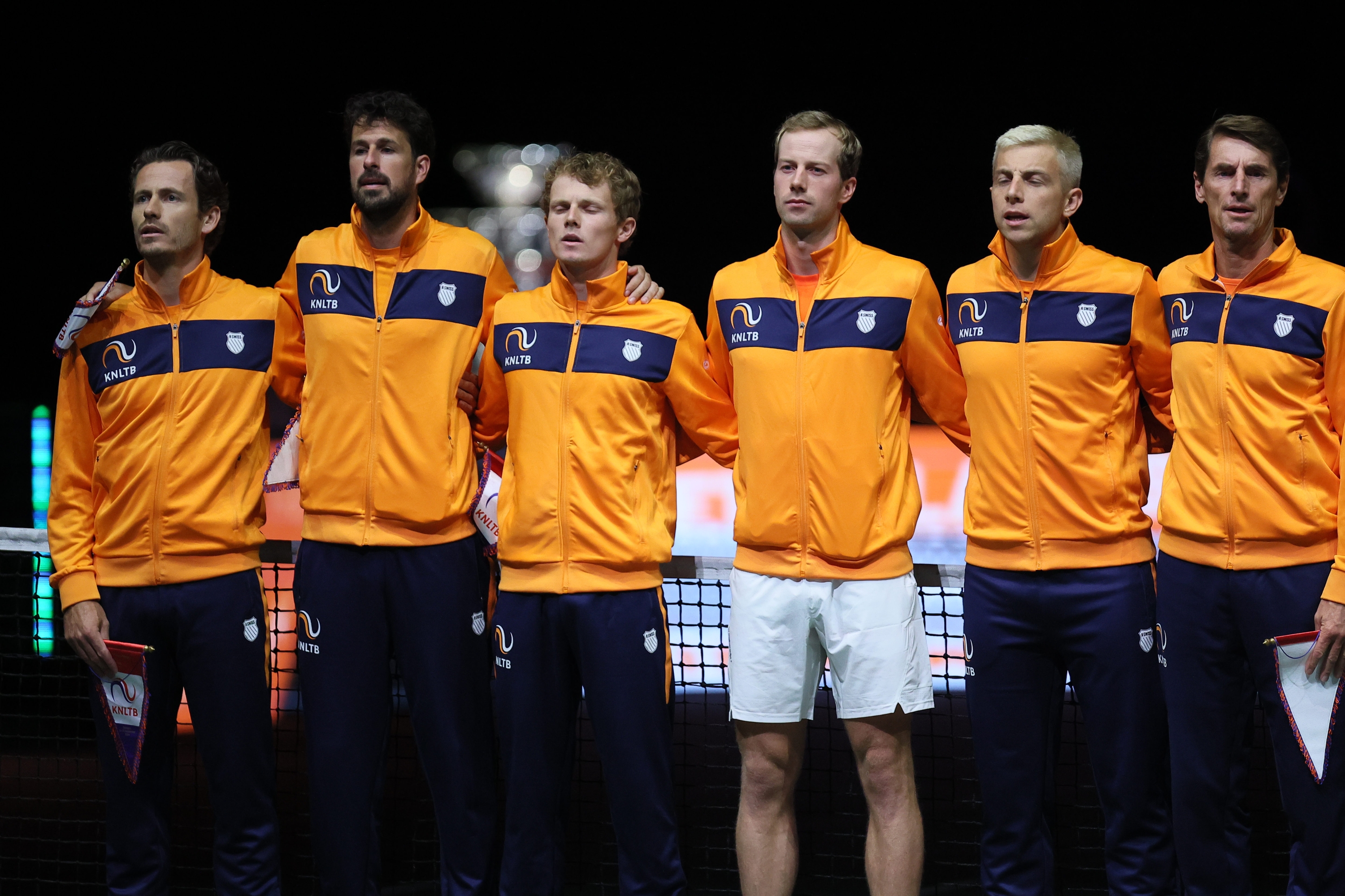 The Netherlands team during the tennis Davis Cup final 8 match between Joao Fonseca (Brazil) and Botic Van De Zandschulp (Netherlands) at the Unipol arena, Casalecchio (Bologna), Bologna, northern Italy, Thursday, September 12, 2024. Sport - Tennis - (Photo Michele Nucci - LaPresse)