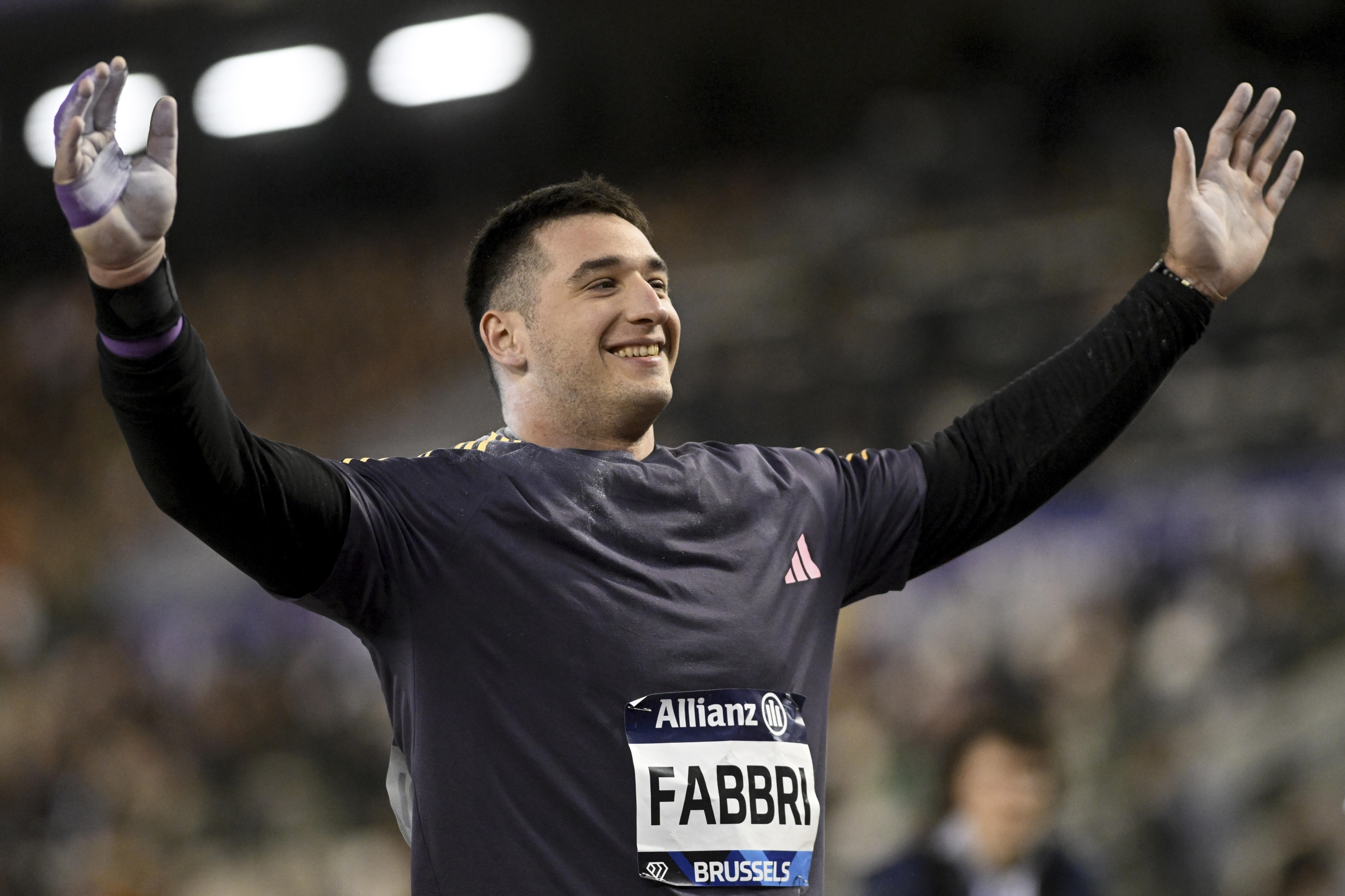 Leonardo Fabbri, of Italy, reacts while competing in the men's shot put during the Diamond League final 2024 athletics meet in Brussels, Saturday, Sept. 14, 2024. (AP Photo/Frederic Sierakowski)