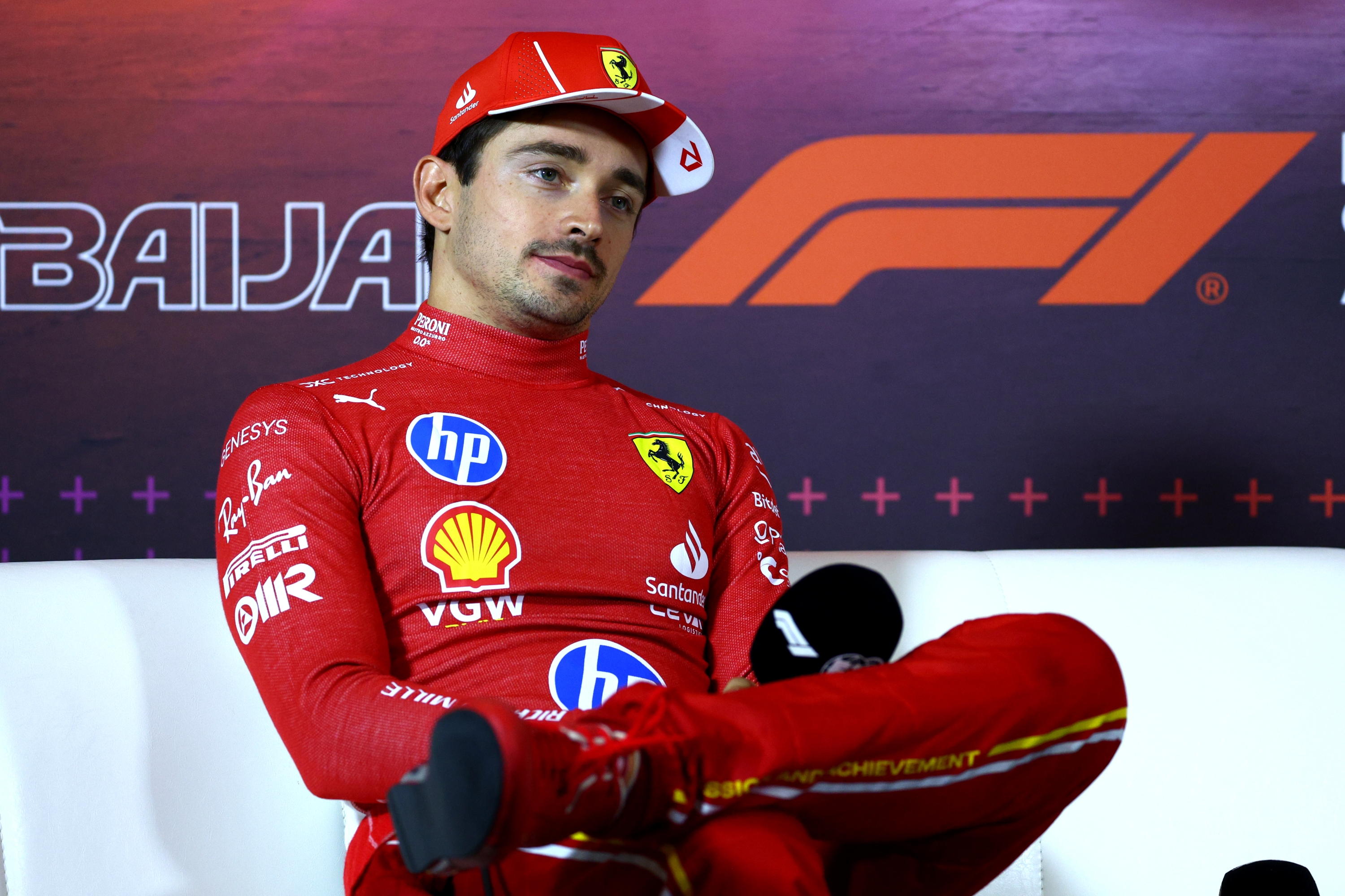 BAKU, AZERBAIJAN - SEPTEMBER 15: Second placed Charles Leclerc of Monaco and Ferrari attends the press conference after the F1 Grand Prix of Azerbaijan at Baku City Circuit on September 15, 2024 in Baku, Azerbaijan. (Photo by Clive Rose/Getty Images)