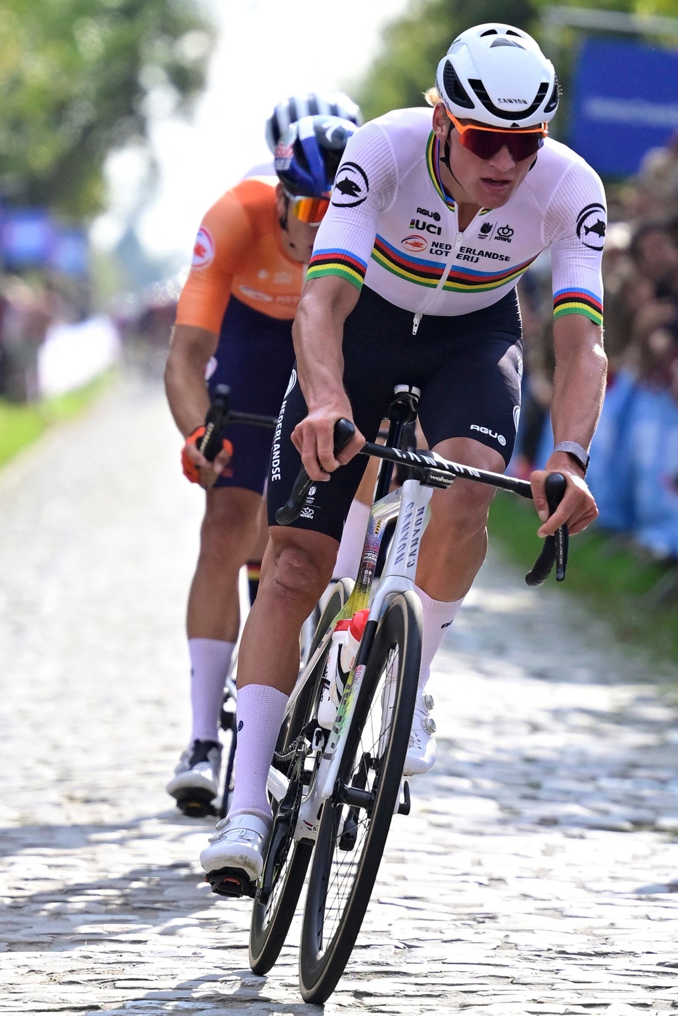 Netherland's Mathieu van der Poel in action during the Men's Elite Road Race of the European Championship 2024 in Hasselt on September 15, 2024. (Photo by DIRK WAEM / Belga / AFP) / Belgium OUT