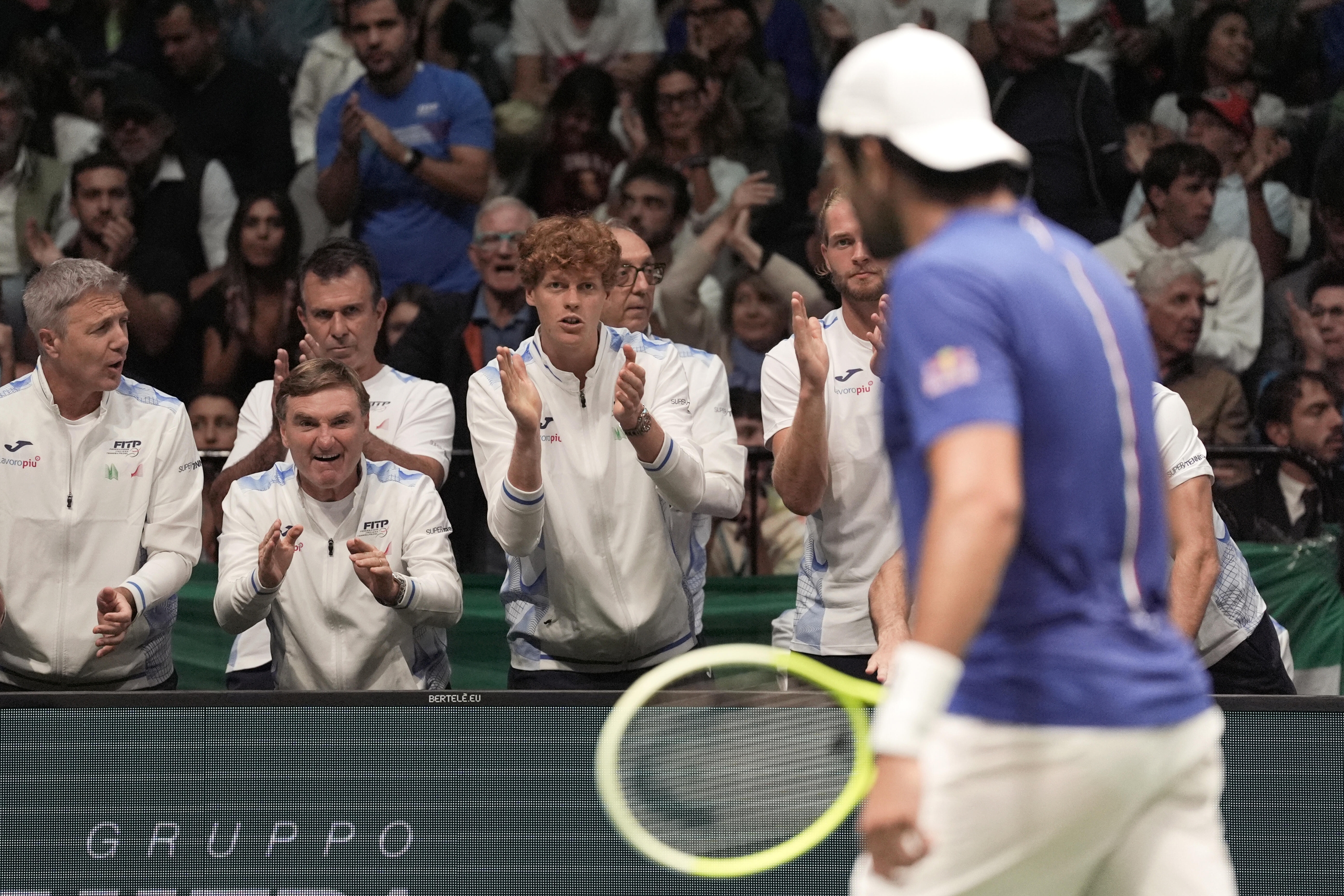 Jannik Sinner celebrates during 2024 Davis Cup Finals Group A match between Matteo Berrettini (Italy) and Botic van de Zandschulp (Netherlands) at the Unipol Arena, Bologna, Italy -  September 15,  2024. Sport - Tennis. (Photo by Massimo Paolone/LaPresse)