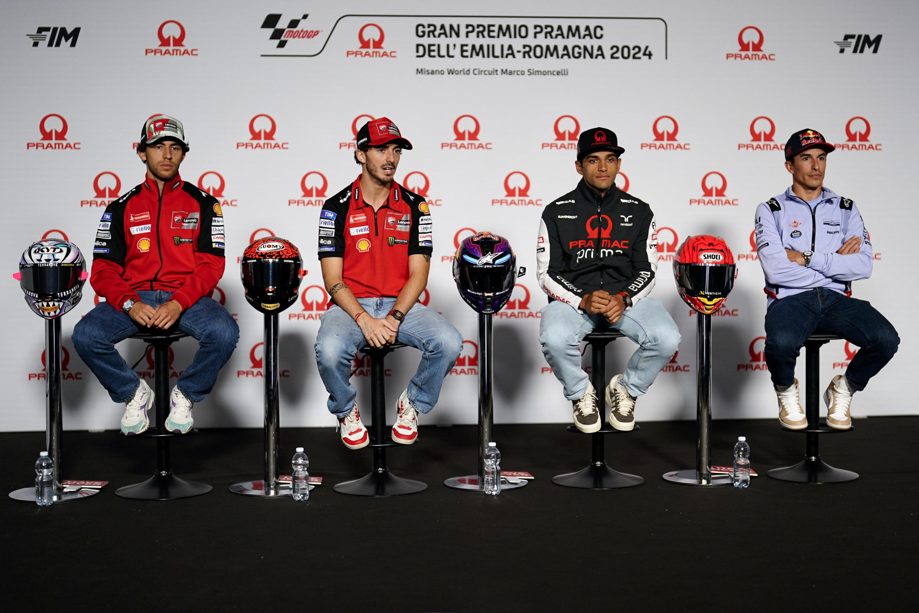 Enea Bastianini of Italy and Ducati Lenovo Team (L), Francesco Bagnaia of Italy and Ducati Lenovo Team (CL), Jorge Martin of Spain and Prima Pramac Racing (CR) and Marc Marquez of Spain and Gresini Racing MotoGP (R) during Presentation Press Conference of the Pramac MotoGP of Emilia Romagna at Marco Simoncelli Circuit on September 19 2024 in Misano Adriatico, Italy. ANSA/DANILO DI GIOVANNI