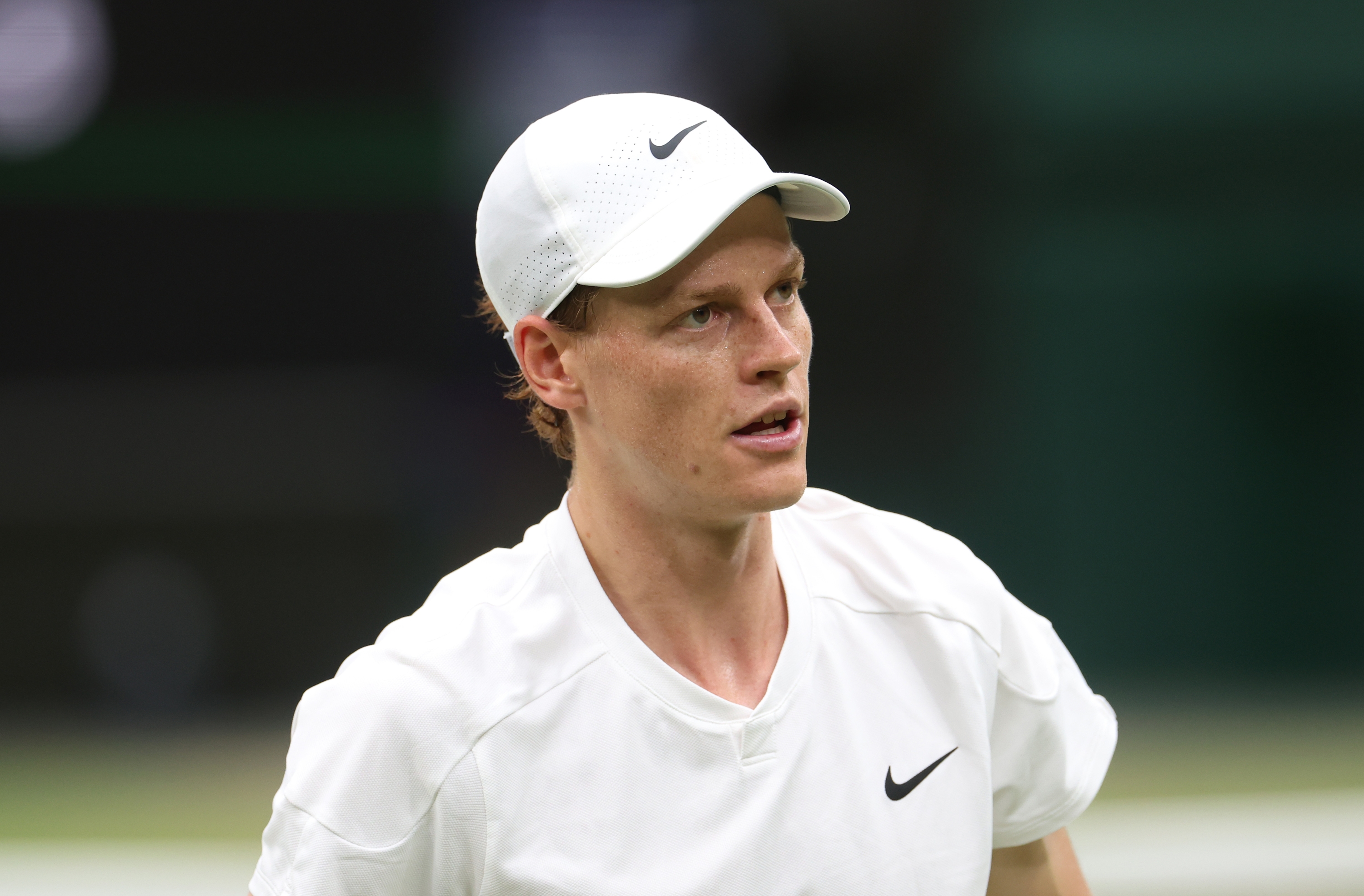 LONDON, ENGLAND - JULY 09: Jannik Sinner of Italy looks on as he plays against Daniil Medvedev in the Gentlemen's Singles Quarter Final match during day nine of The Championships Wimbledon 2024 at All England Lawn Tennis and Croquet Club on July 09, 2024 in London, England. (Photo by Sean M. Haffey/Getty Images)