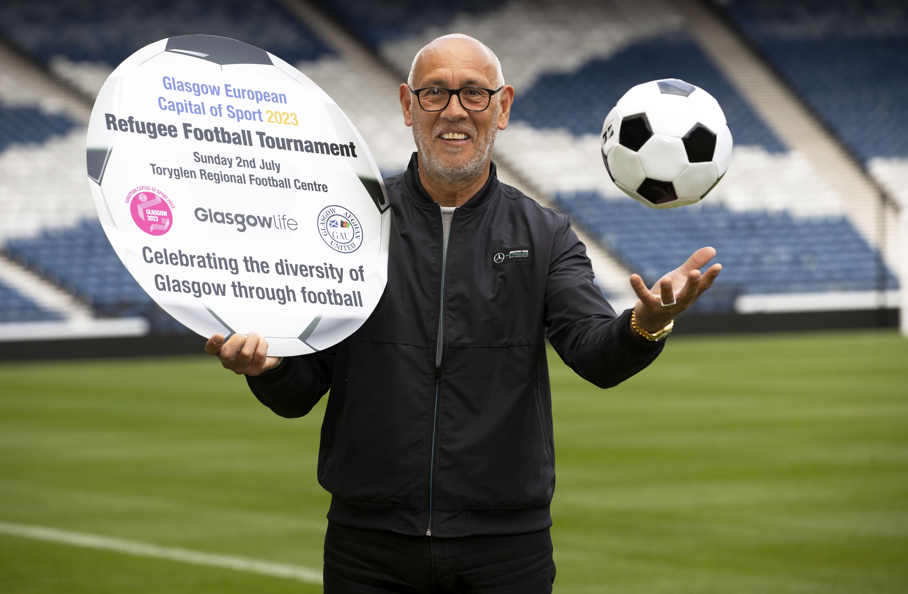 GLASGOW, SCOTLAND - JUNE 08: Mark Hateley promotes the Glasgow European Capital of Sport 2023 Refugee Football Tournament on Sunday 2nd July at Toryglen Regional Football Centre. The event celebrates the diversity of communities in Glasgow. (Photo by Alan Harvey/SNS Group via Getty Images)