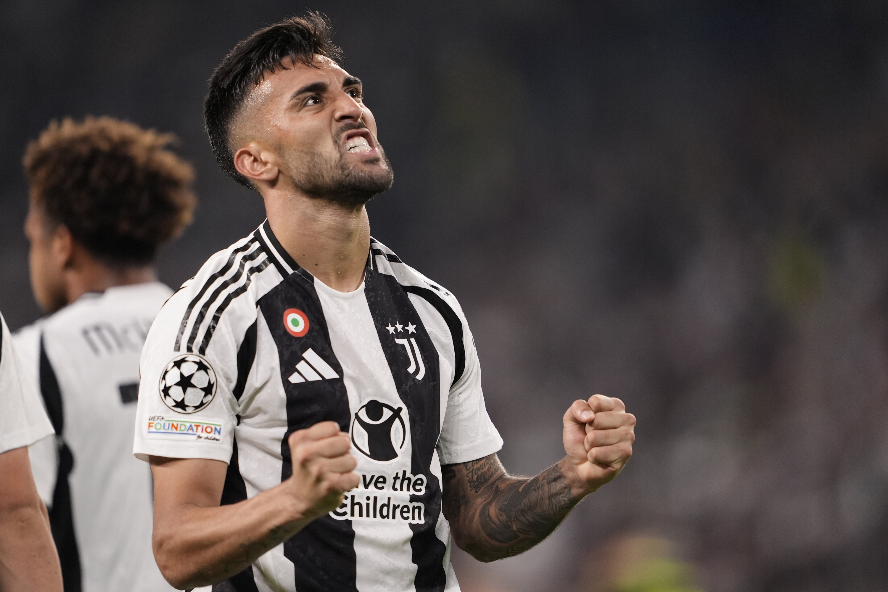 Juventus? Nico Gonzalez celebrates after scoring the goal  3-0 during the Uefa Champions League soccer match between Juventus Fc and PSV Eindhoven at the Juventus stadium in Turin, north west Italy - September 17, 2024. Sport - Soccer . (Photo by Fabio Ferrari/LaPresse)