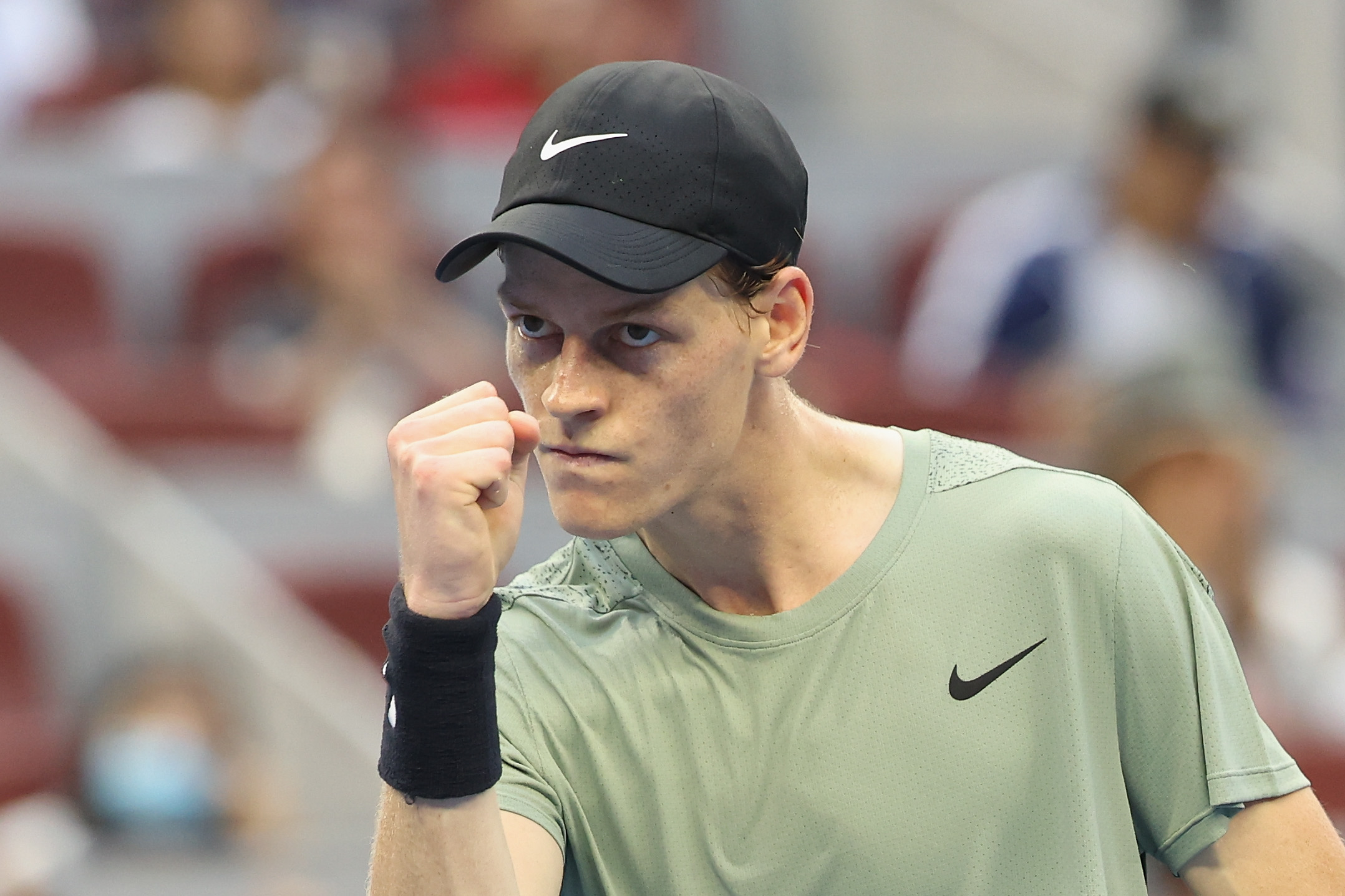 BEIJING, CHINA - SEPTEMBER 28:  Jannik Sinner of Italy celebrates a point in the Men's Singles Round of 16 against Roman Safiullin of Russia on Day 6 of the China Open at National Tennis Center on September 28, 2024 in Beijing, China. (Photo by Lintao Zhang/Getty Images)